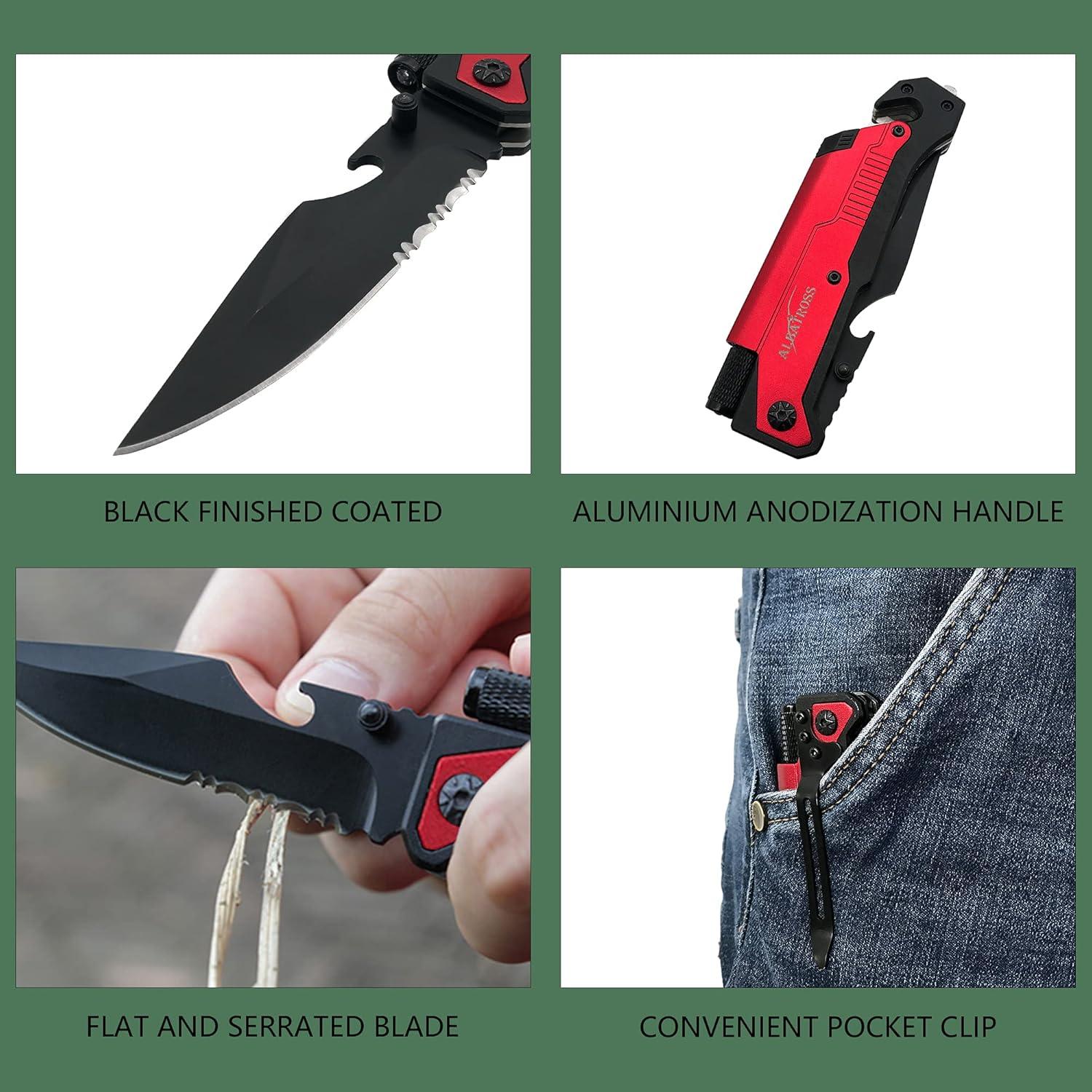 Cuchillo Plegable 7-en-1 Albatross con Linterna y Rompedor de Cristales - Herramienta de Emergencia Roja