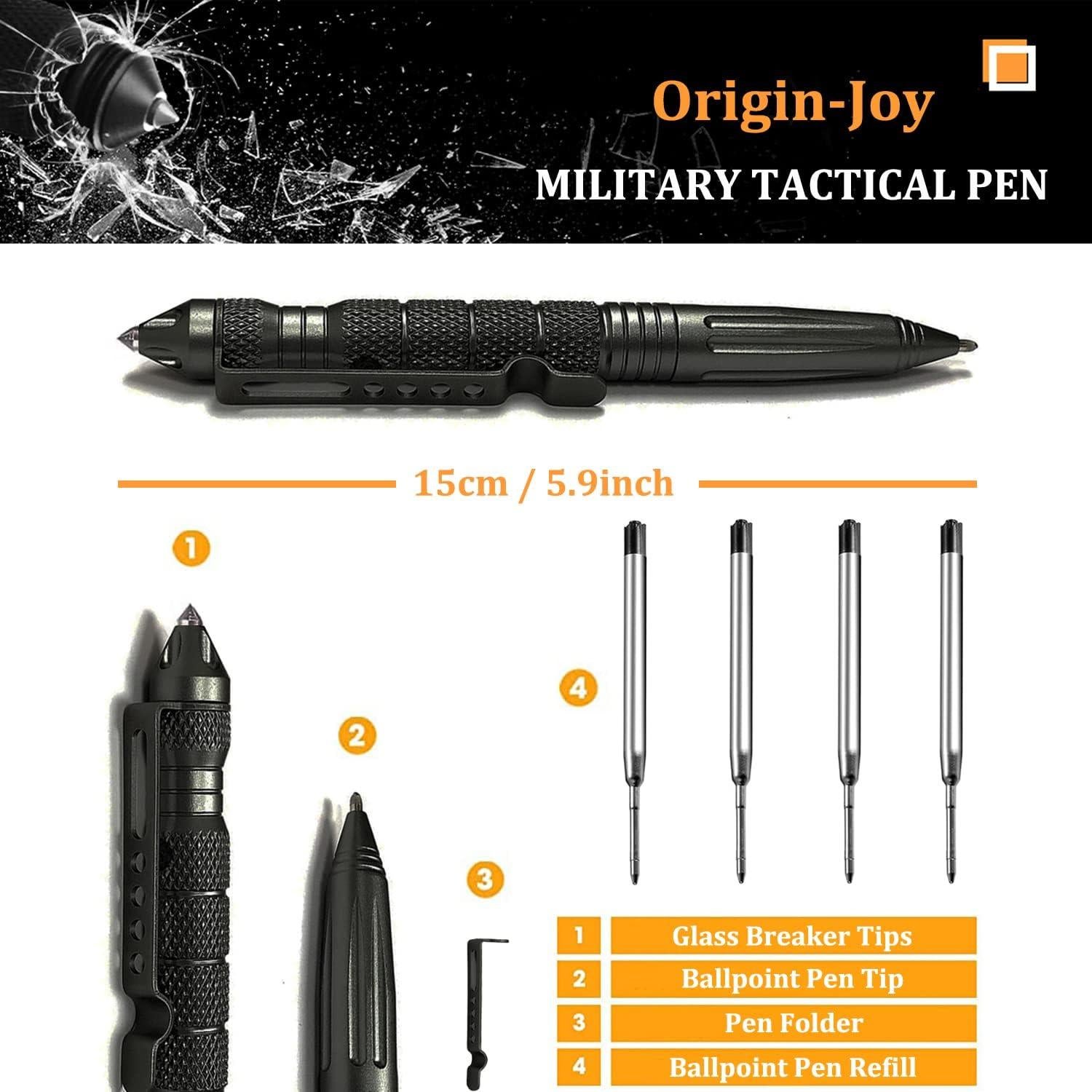 Origin-Joy Gift Boxed Tactical Pen, Tungsten Steel Military Tactical Pen, Emergency Self Defense Glass Breaker EDC Tool with 8 Refills (Black)