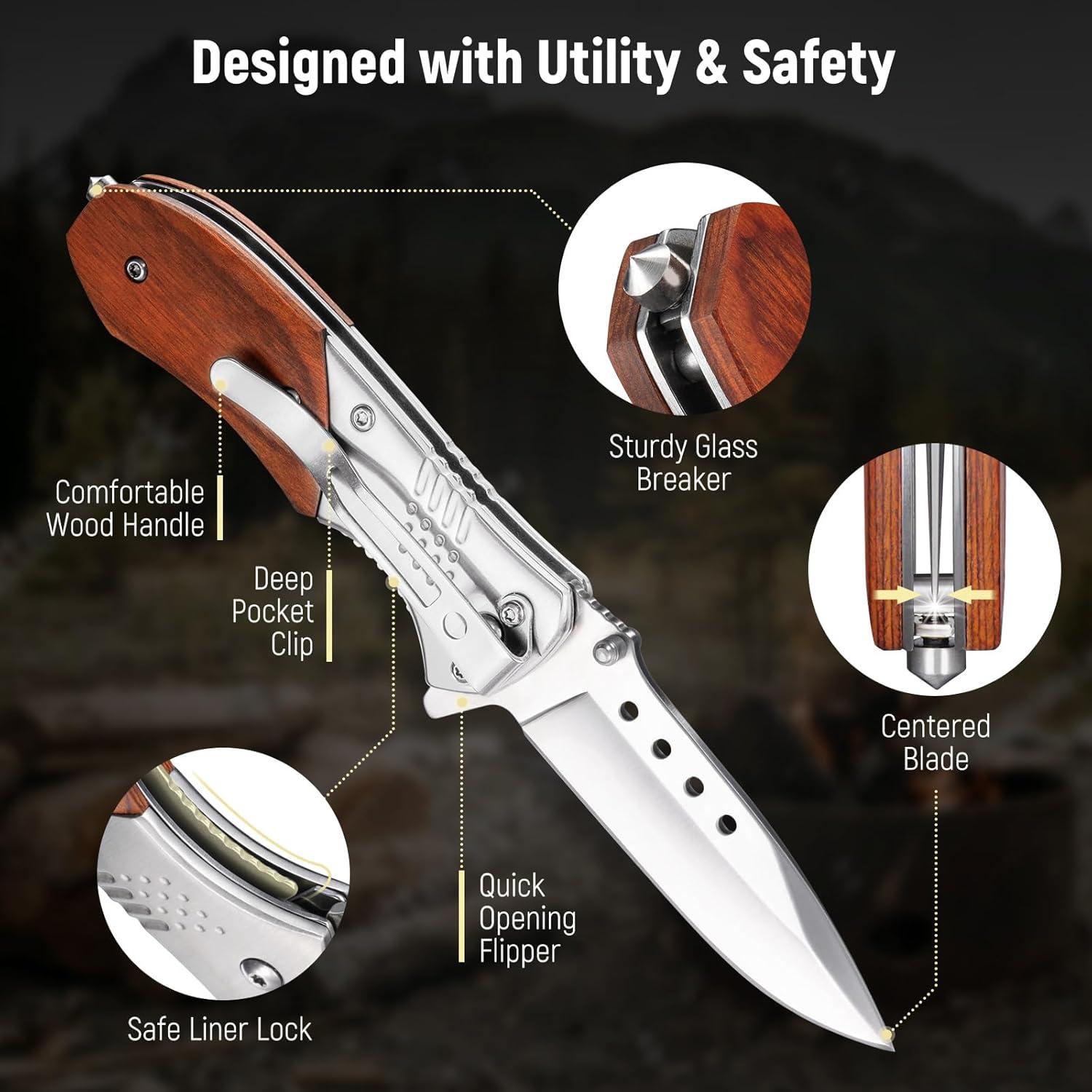 Cuchillo de bolsillo KEXMO 7.57 cm acero inoxidable mango madera