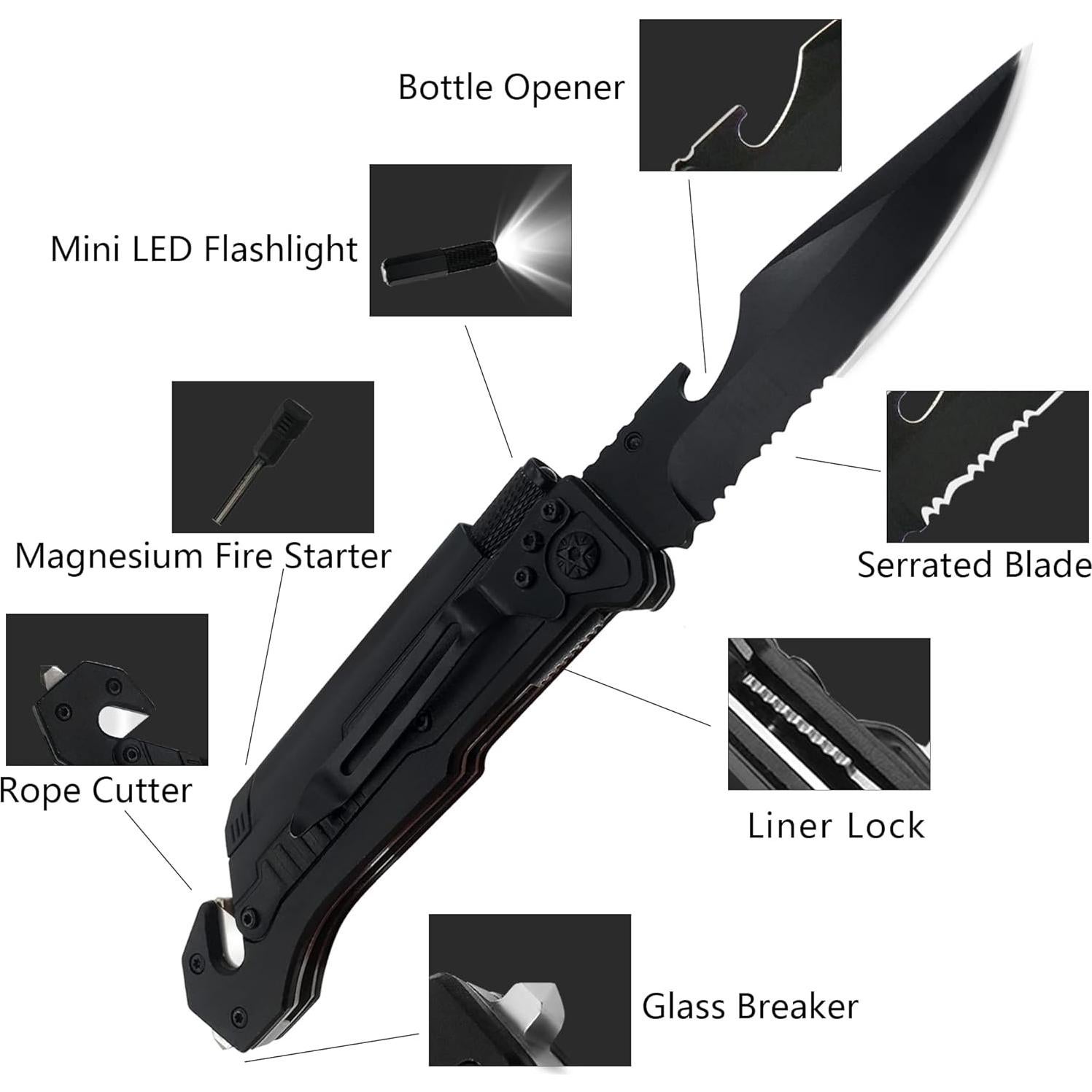 Cuchillo Plegable Táctico CHELONIAN 6-en-1 con Luz LED