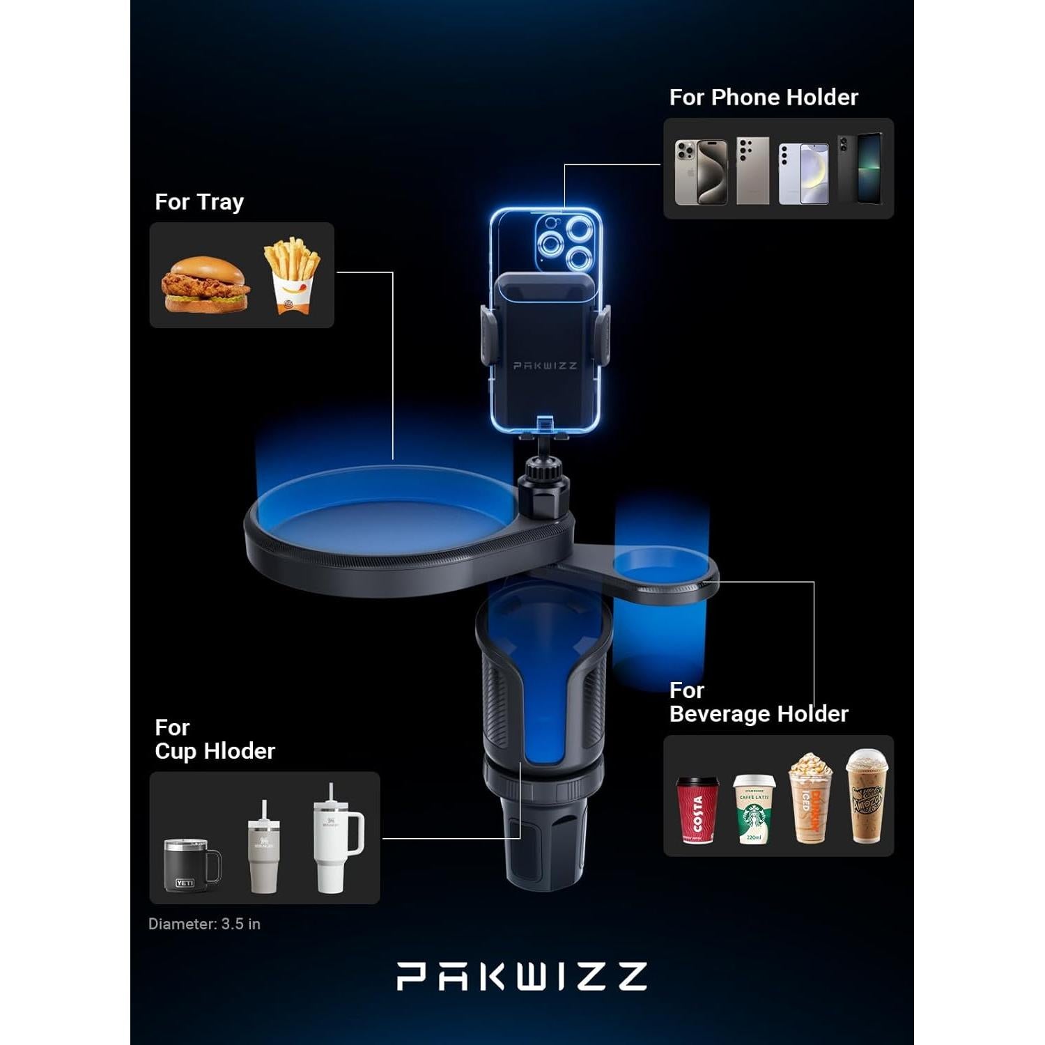 Bandeja de Comida para Coche PakWizz 4-en-1 Soporte Teléfono
