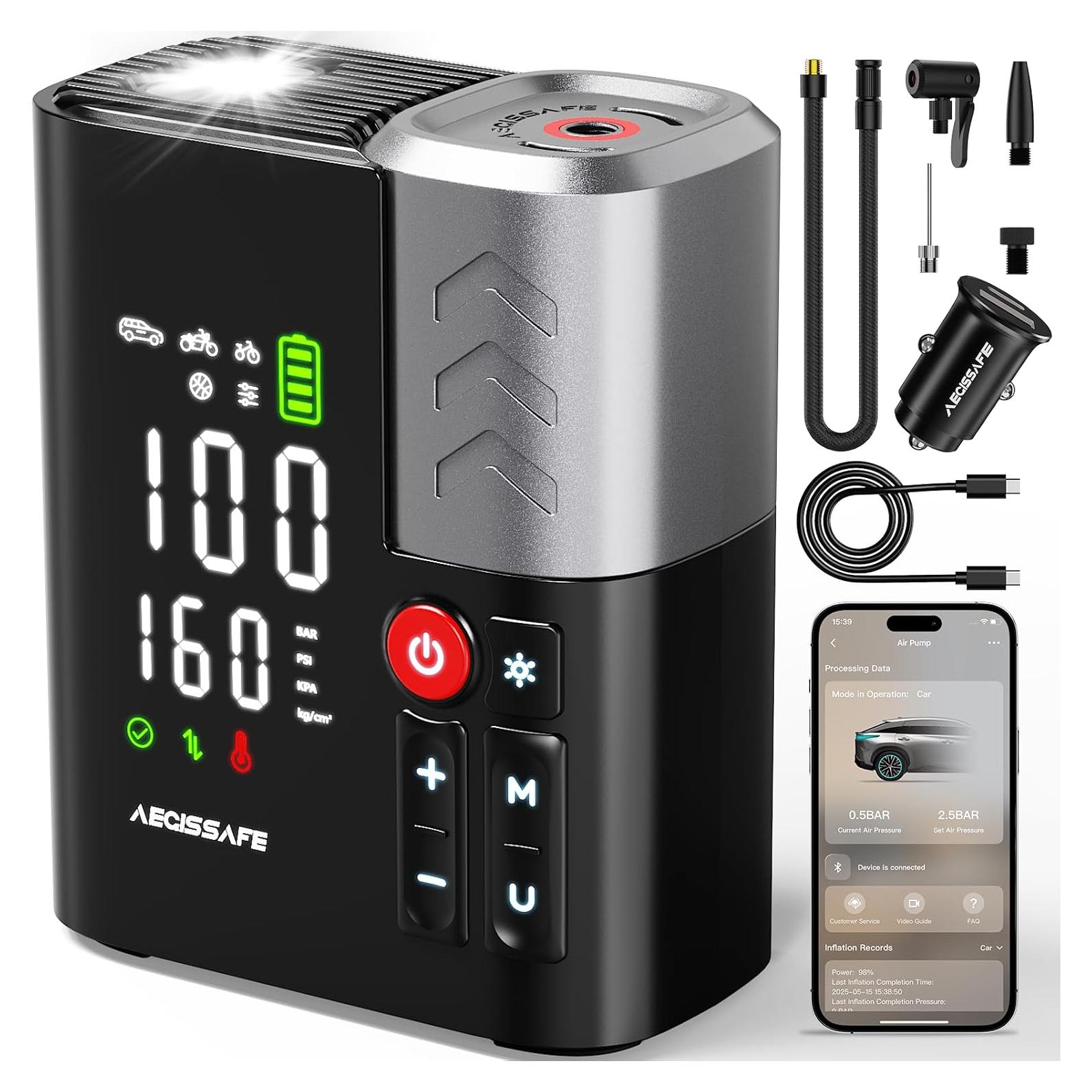 Compresor de Aire Portátil AEGISSAFE 160PSI 48LPM Batería 16000mAh