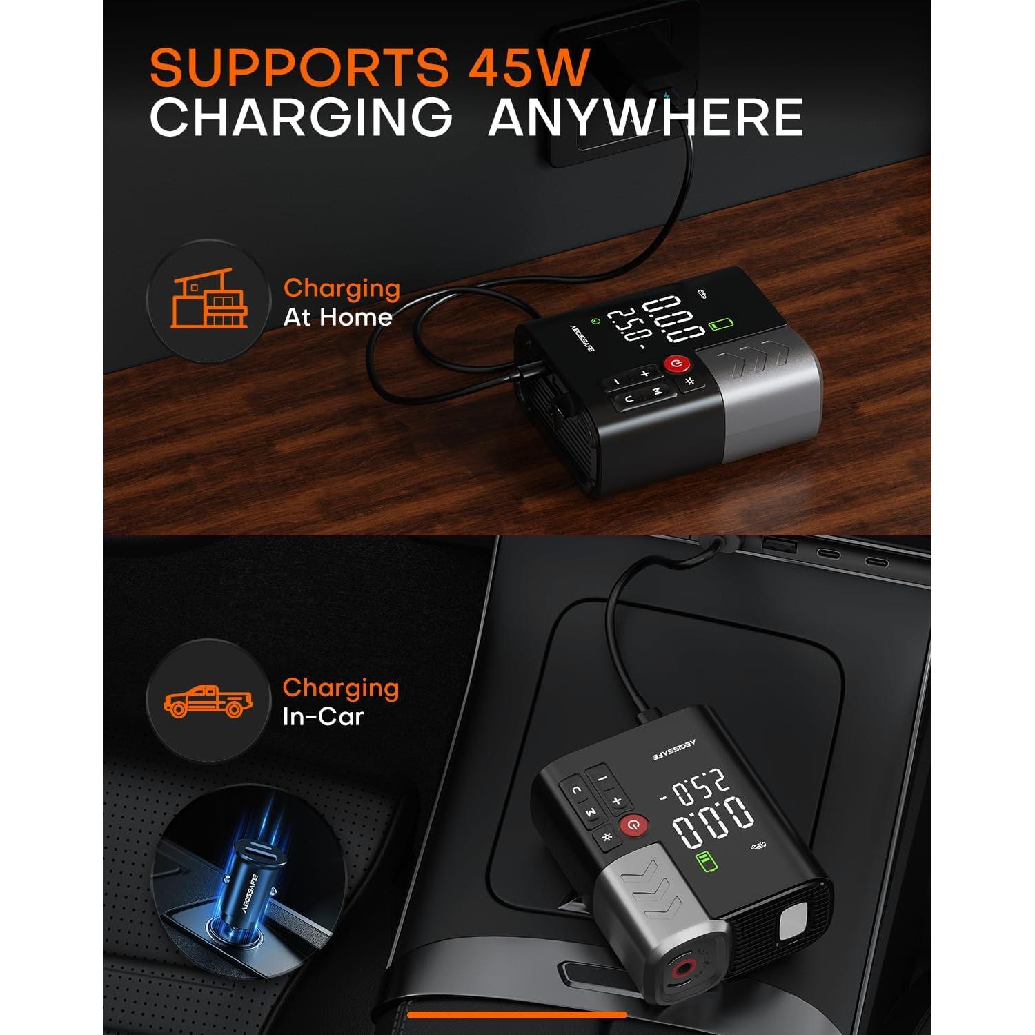 Compresor de Aire Portátil AEGISSAFE 160PSI 48LPM Batería 16000mAh