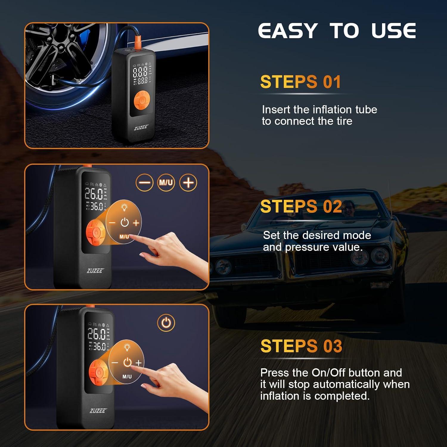 Compresor de Aire Portátil ZUZEE-Q13 150PSI con Luz LED