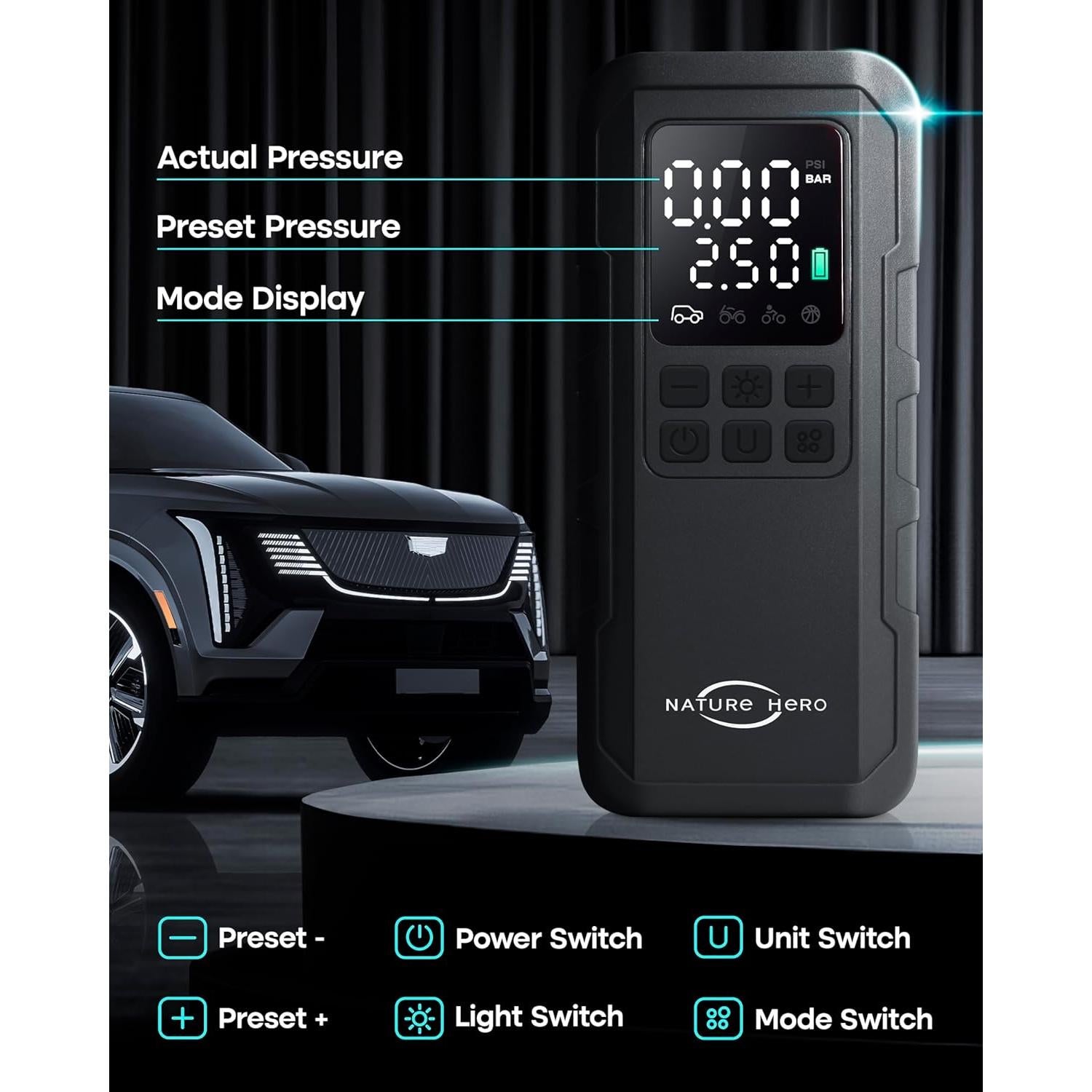 Compresor de Aire Portátil Nature Hero 150 PSI con Pantalla LCD