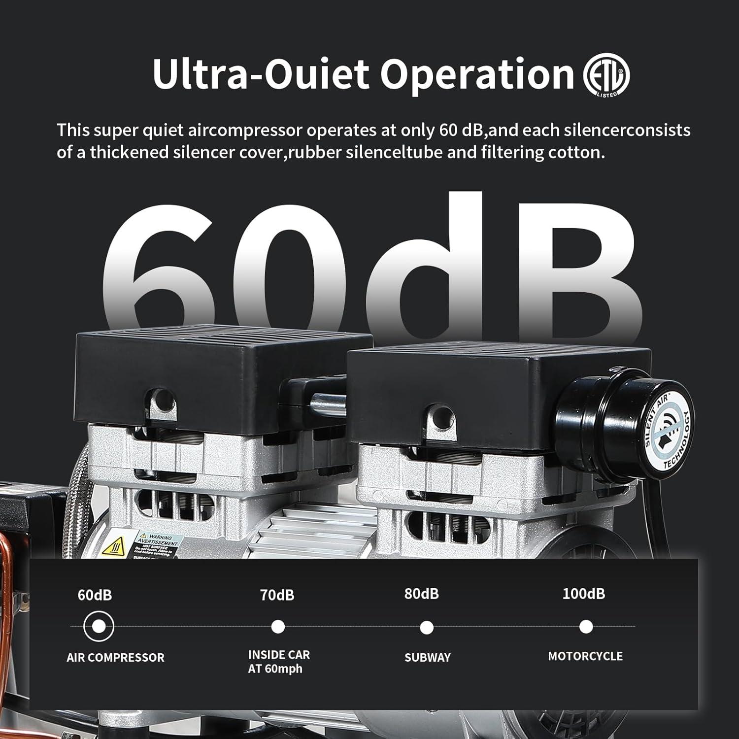 Compresor de Aire Portátil 6 Galones 1HP 2.5 CFM 60dB Sin Aceite