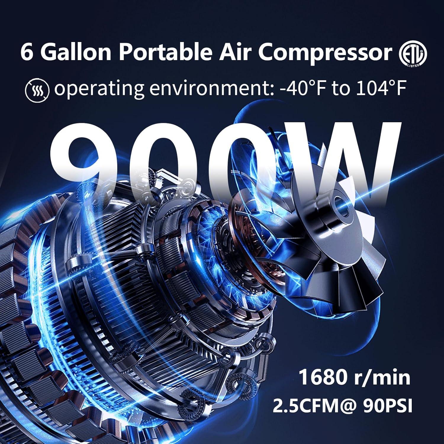Compresor de Aire Portátil 6 Galones 1HP 2.5 CFM 60dB Sin Aceite