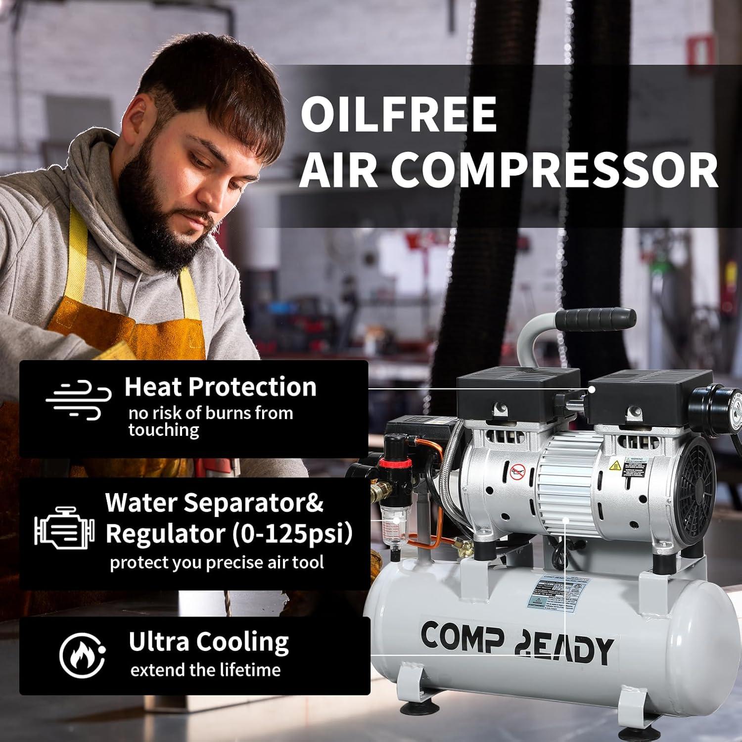 Compresor de Aire Portátil 6 Galones 1HP 2.5 CFM 60dB Sin Aceite