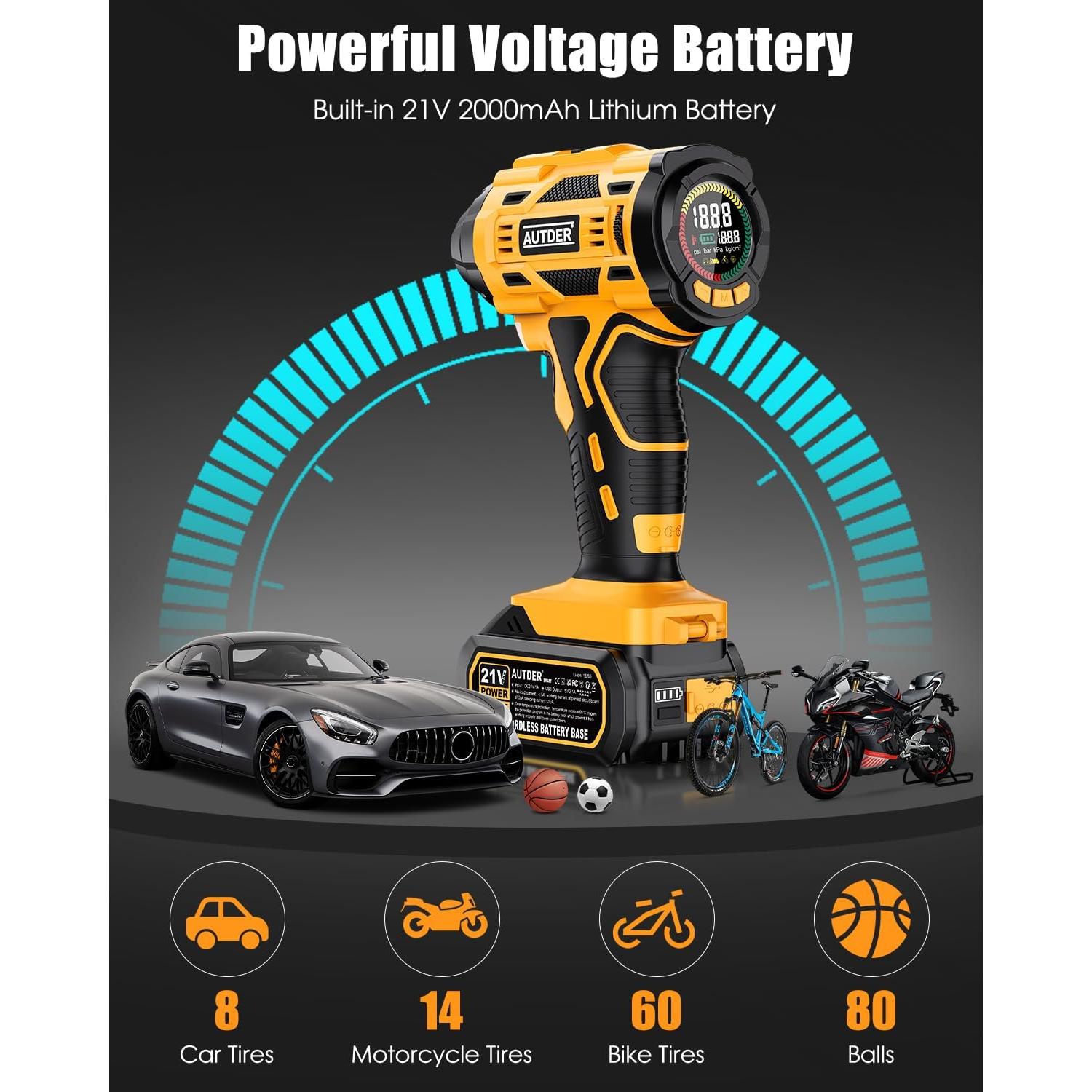 Inflador de Neumáticos Inalámbrico AUTDER AD380 180PSI 21V