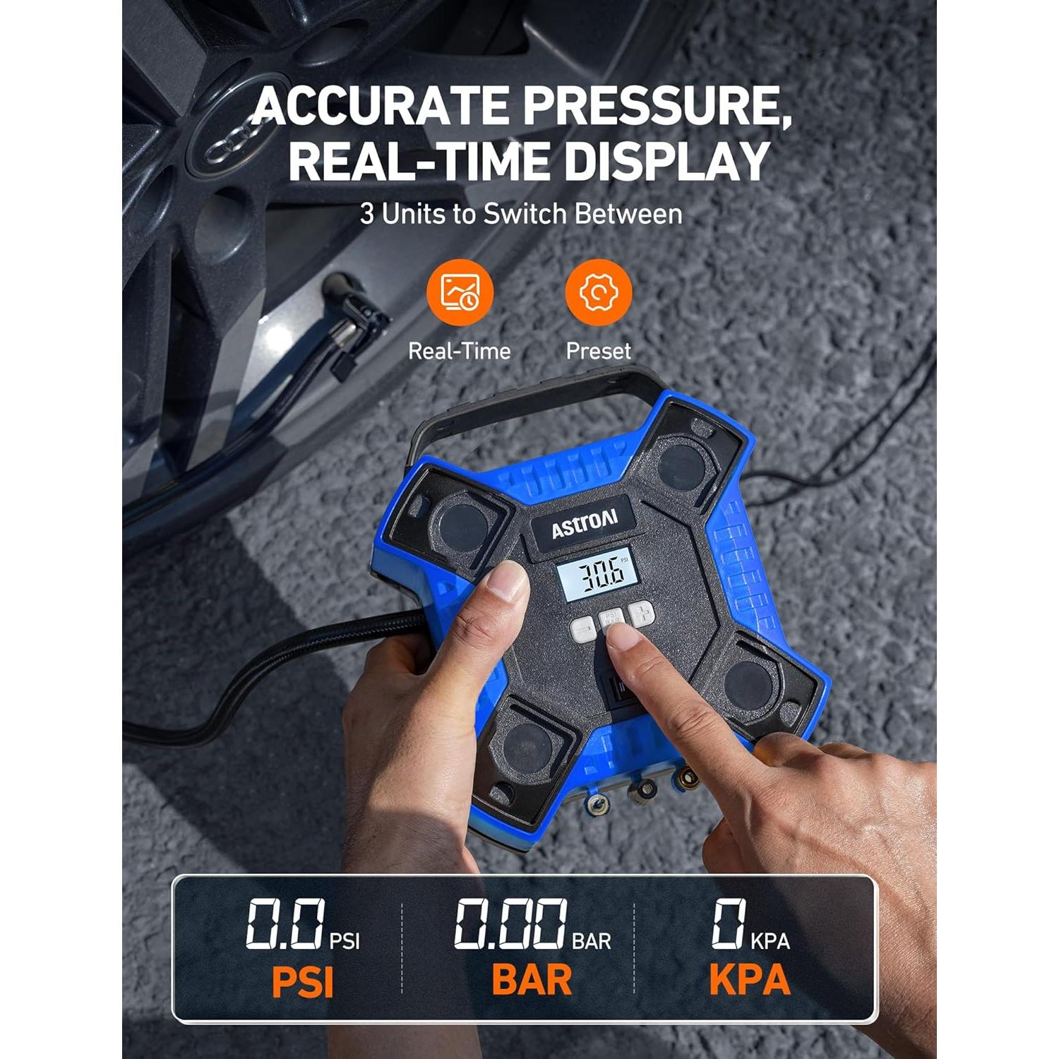 Compresor de Aire AstroAI 12V Portátil 160 PSI con Luz LED