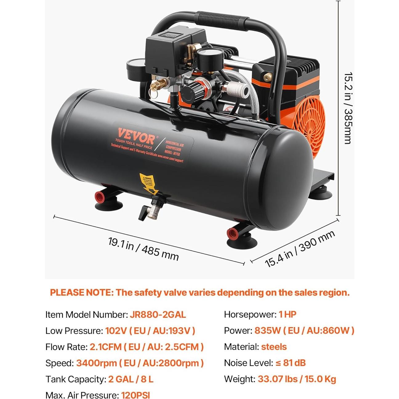 Compresor de Aire VEVOR 2 Galones 1HP Silencioso 81dB