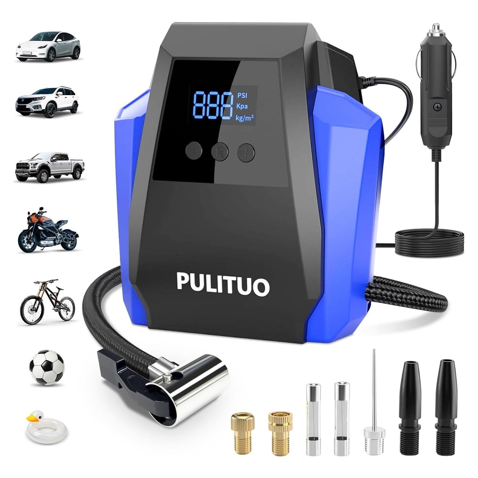 Compresor de Aire Portátil PULITUO 12V con Manómetro Digital