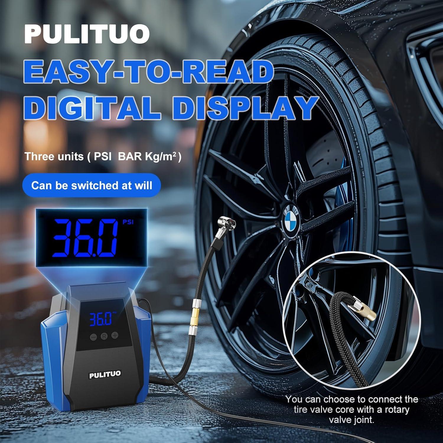 Compresor de Aire Portátil PULITUO 12V con Manómetro Digital