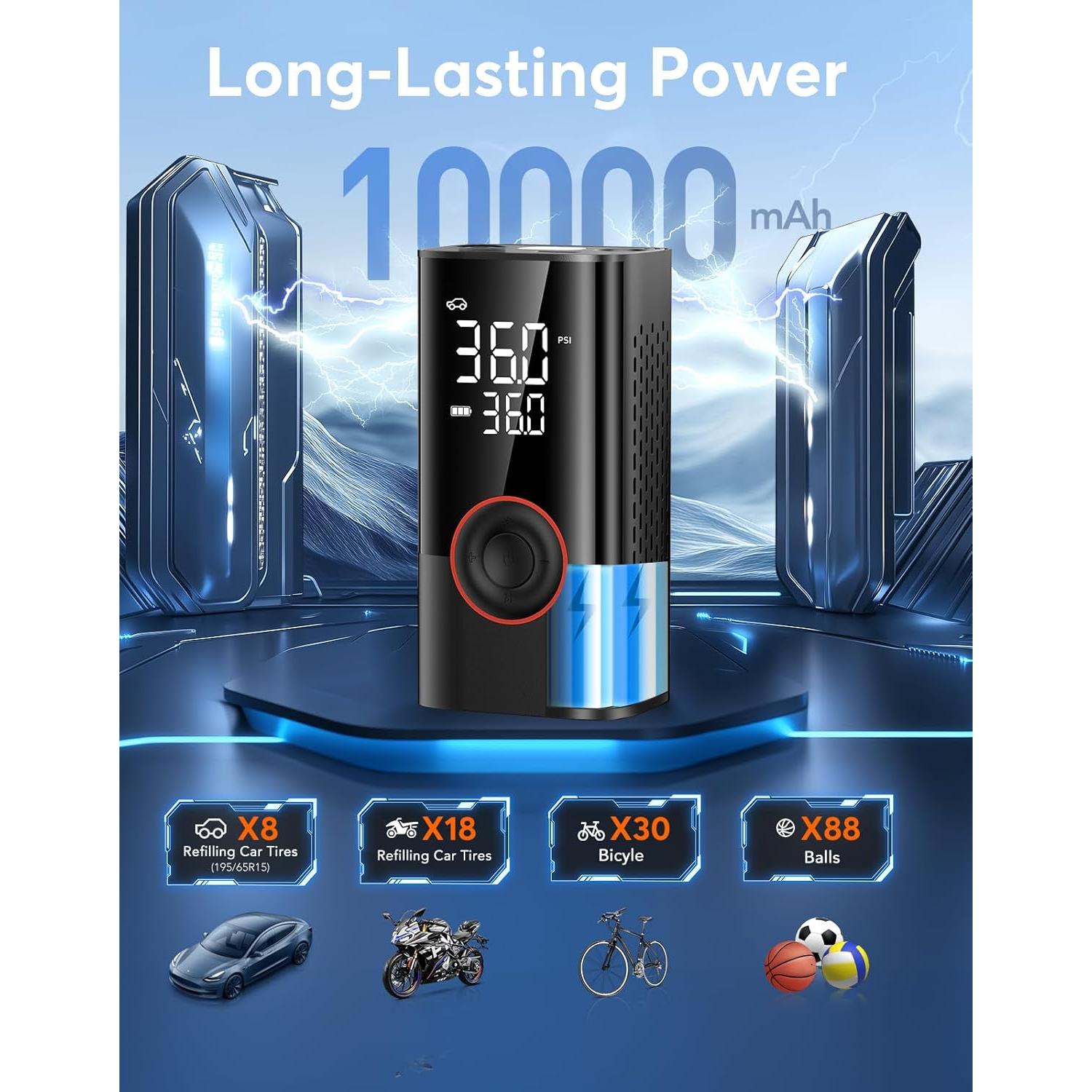 Compresor de Aire Portátil OMQ ATJ005, 150 PSI, Batería 10000 mAh