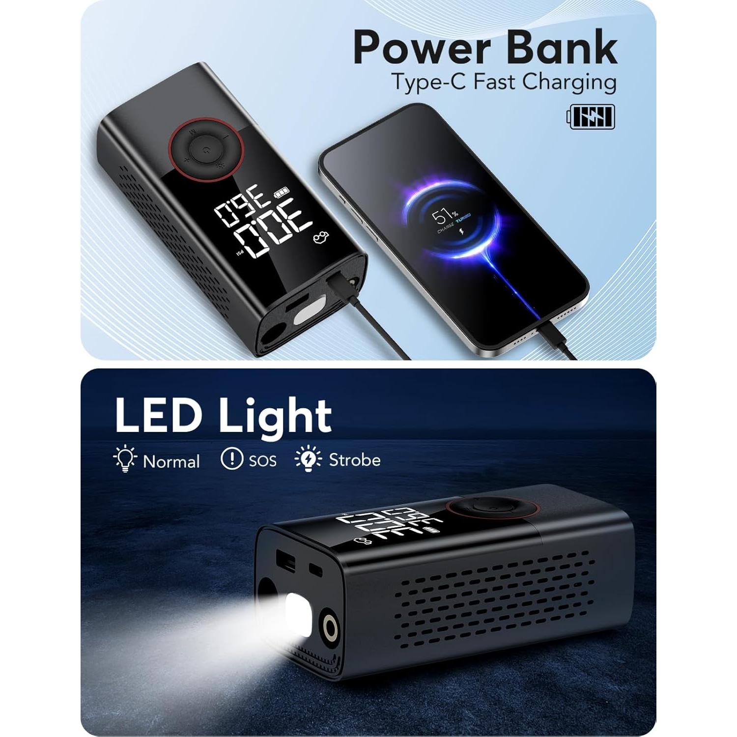 Compresor de Aire Portátil OMQ ATJ005, 150 PSI, Batería 10000 mAh