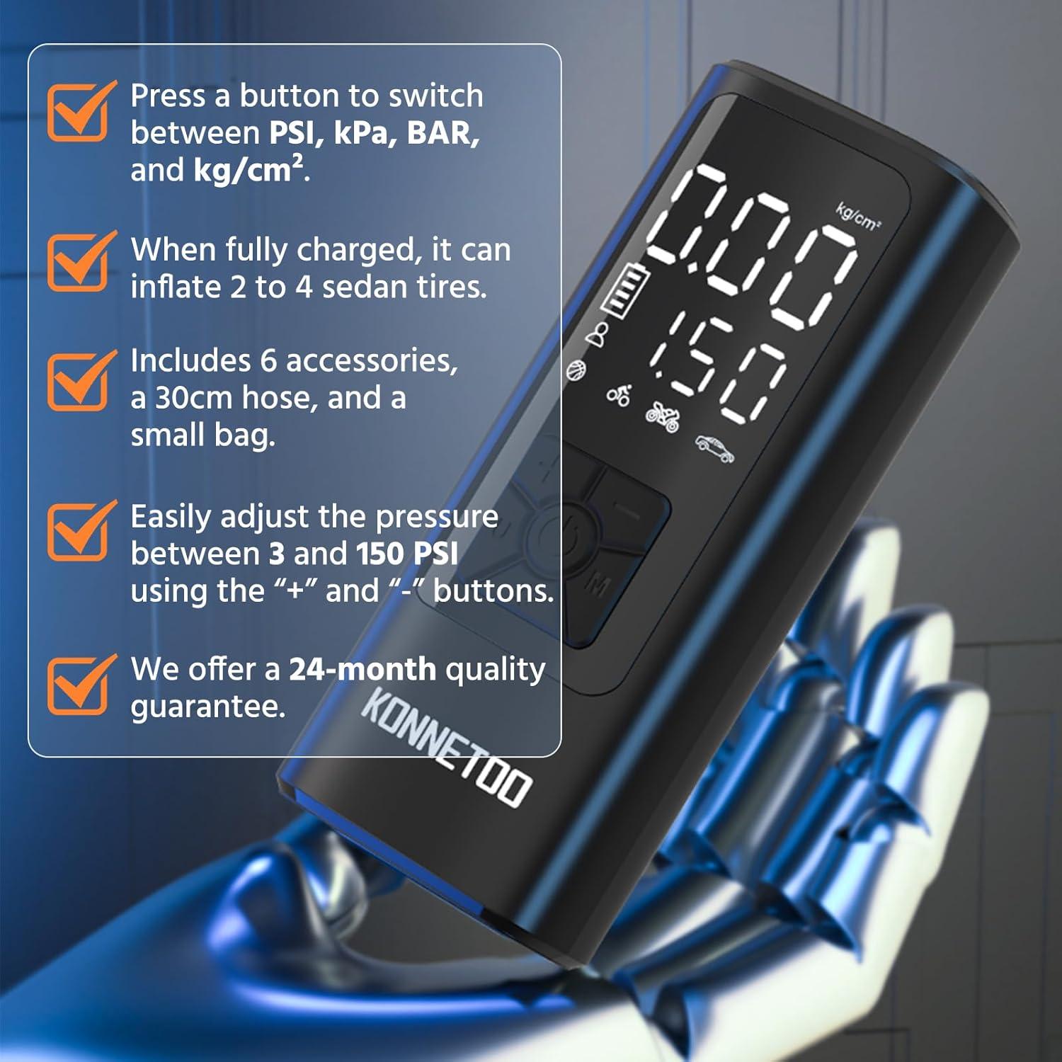 Inflador Portátil KONNETOO 150 PSI Bomba de Aire Automática