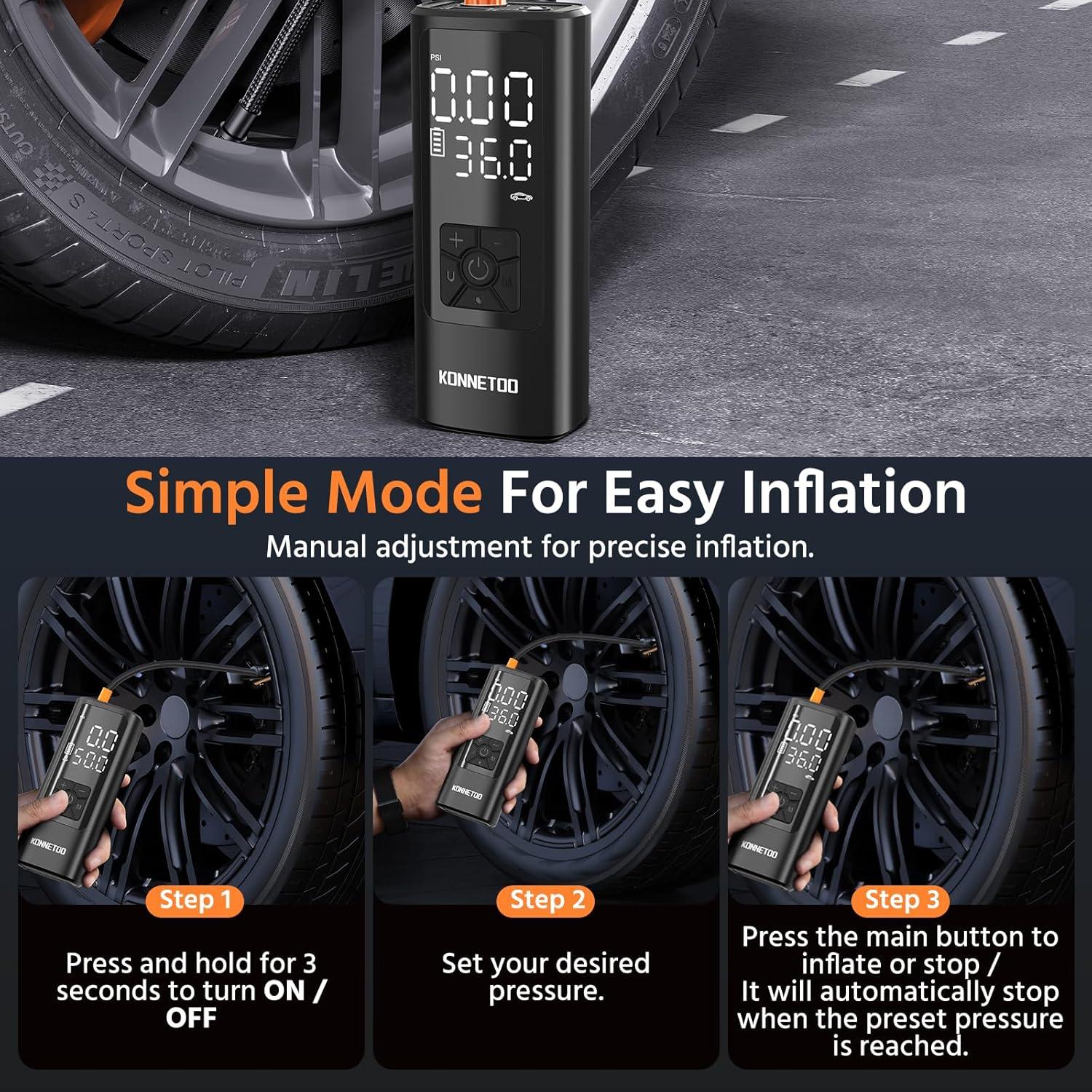 Inflador Portátil KONNETOO 150 PSI Bomba de Aire Automática