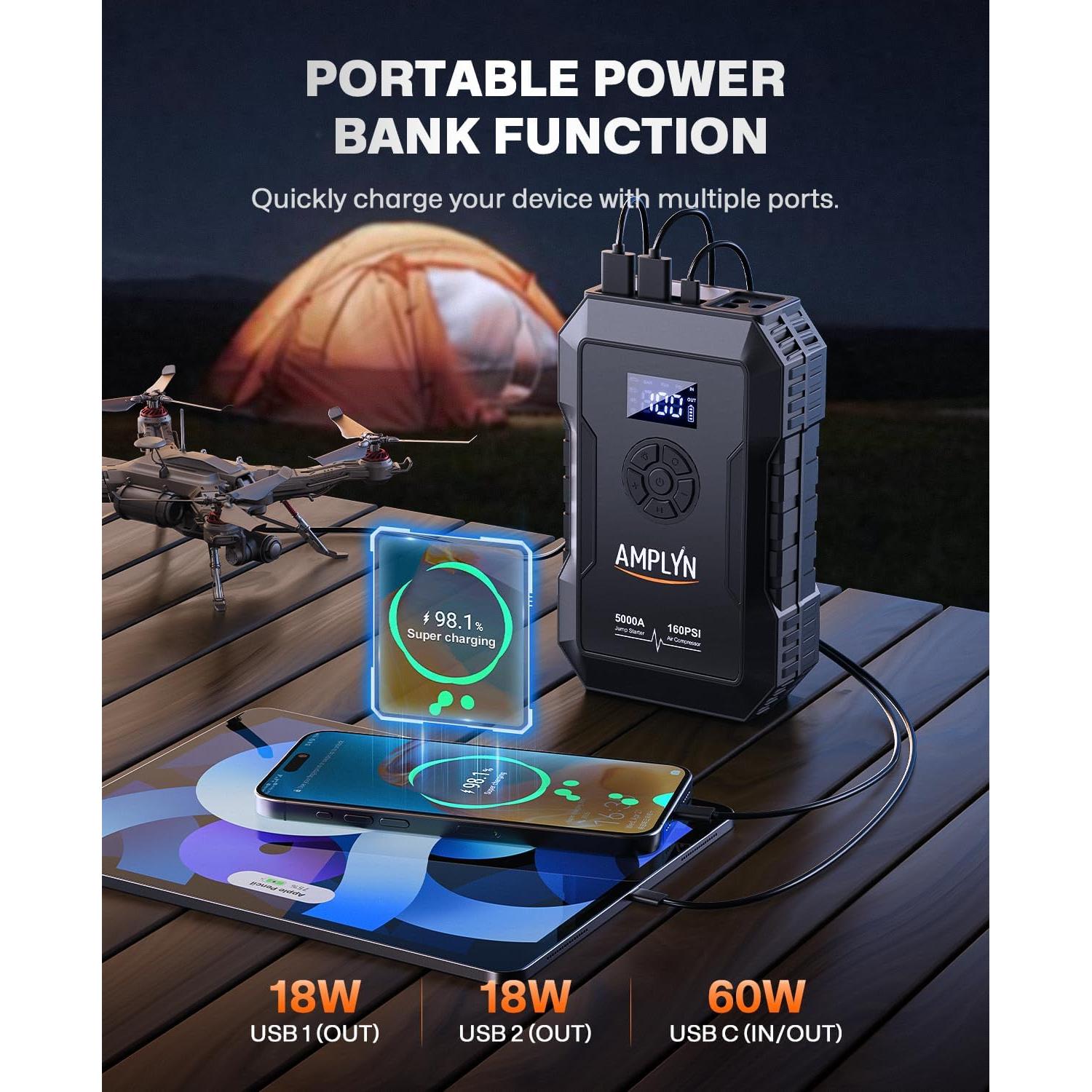 Arrancador de Batería Portátil Amplyn A50 con Compresor 160PSI