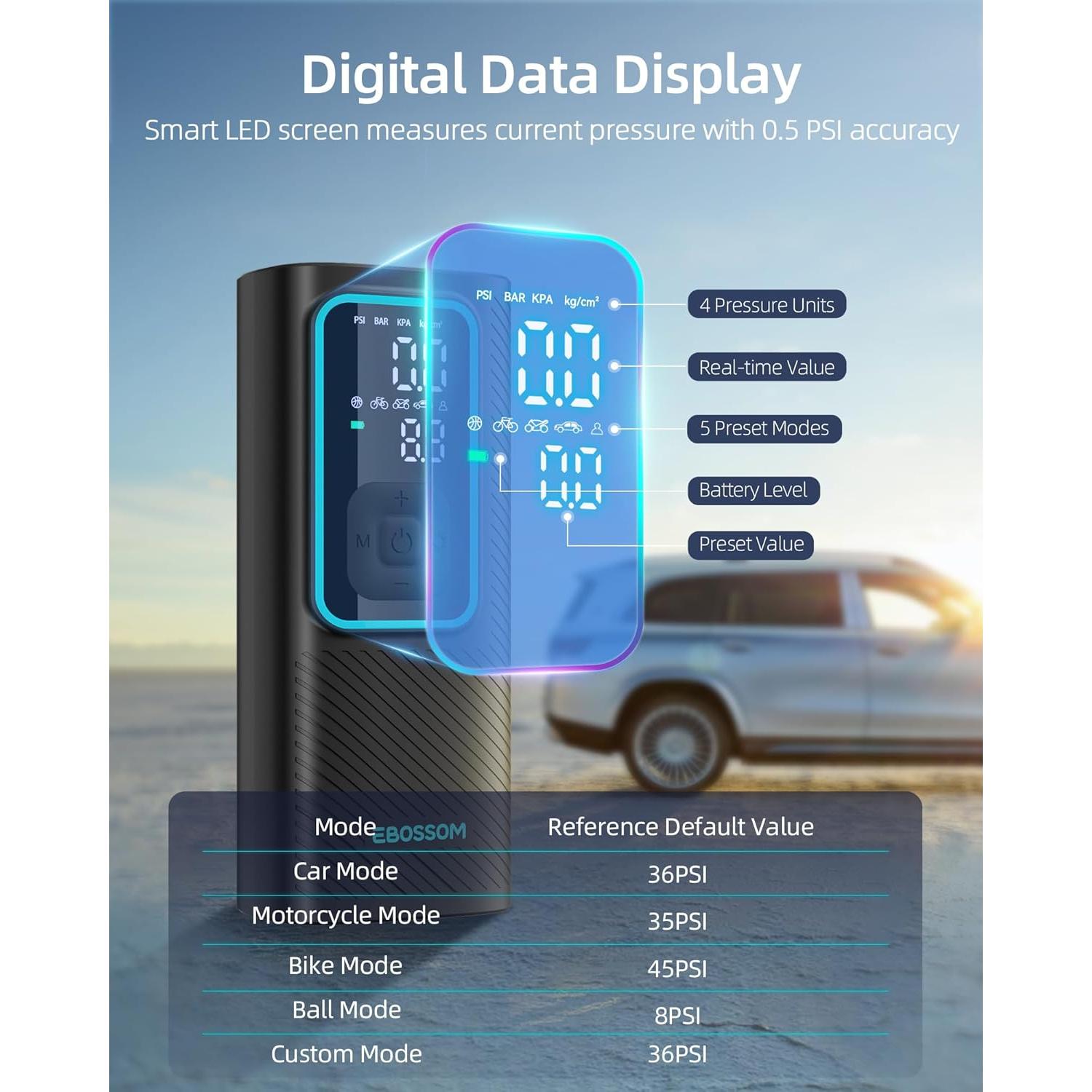 Compresor de Aire Portátil EBOSSOM I7 Pro 150 PSI Batería 6000mAh