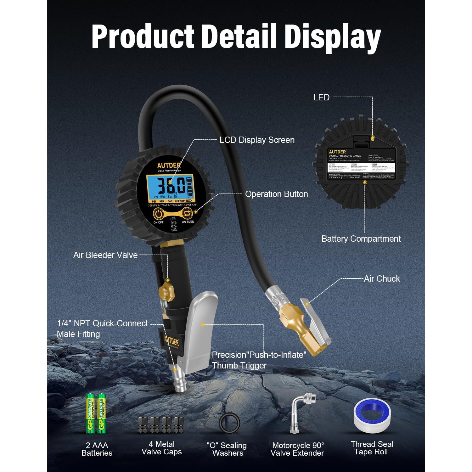 Medidor Digital de Presión de Neumáticos AUTDER 3-en-1 Amarillo