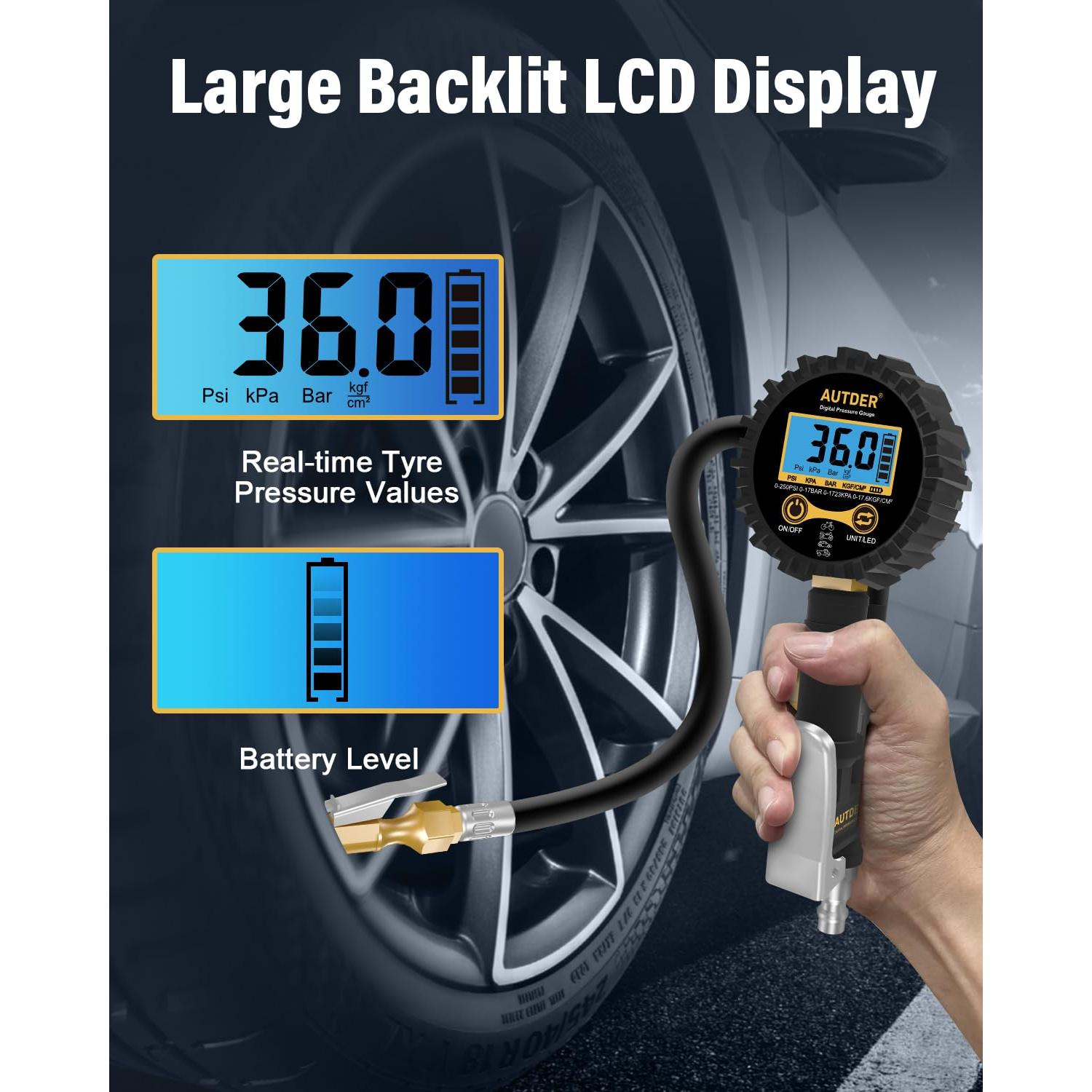 Medidor Digital de Presión de Neumáticos AUTDER 3-en-1 Amarillo