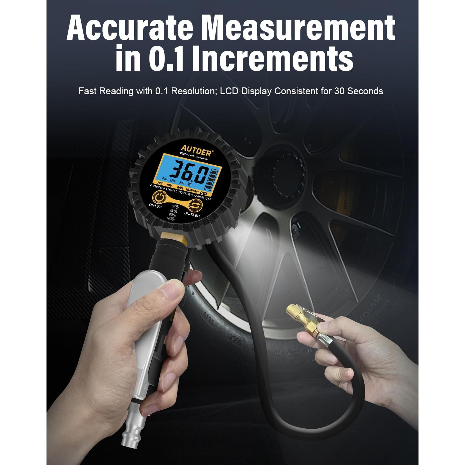 Medidor Digital de Presión de Neumáticos AUTDER 3-en-1 Amarillo