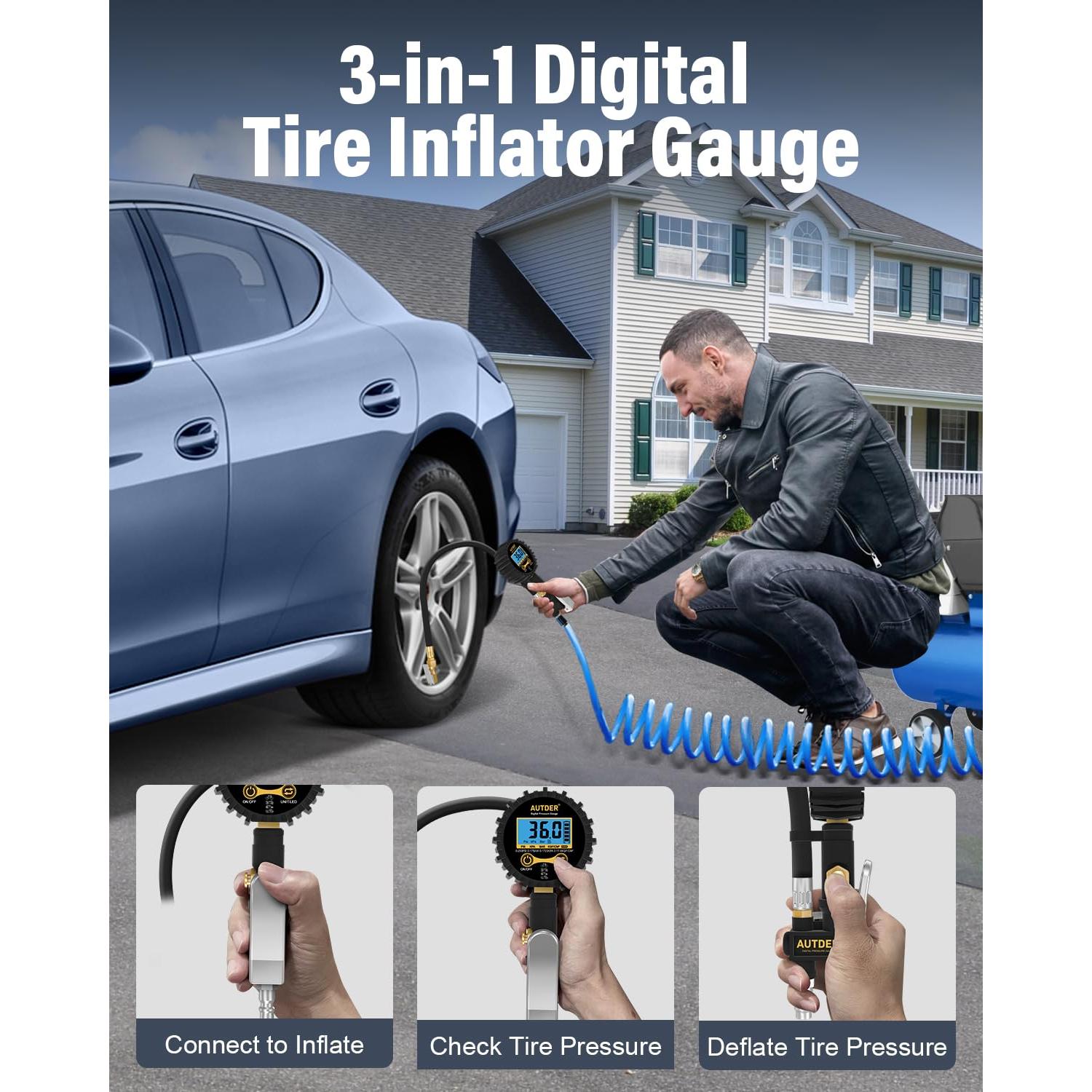 Medidor Digital de Presión de Neumáticos AUTDER 3-en-1 Amarillo