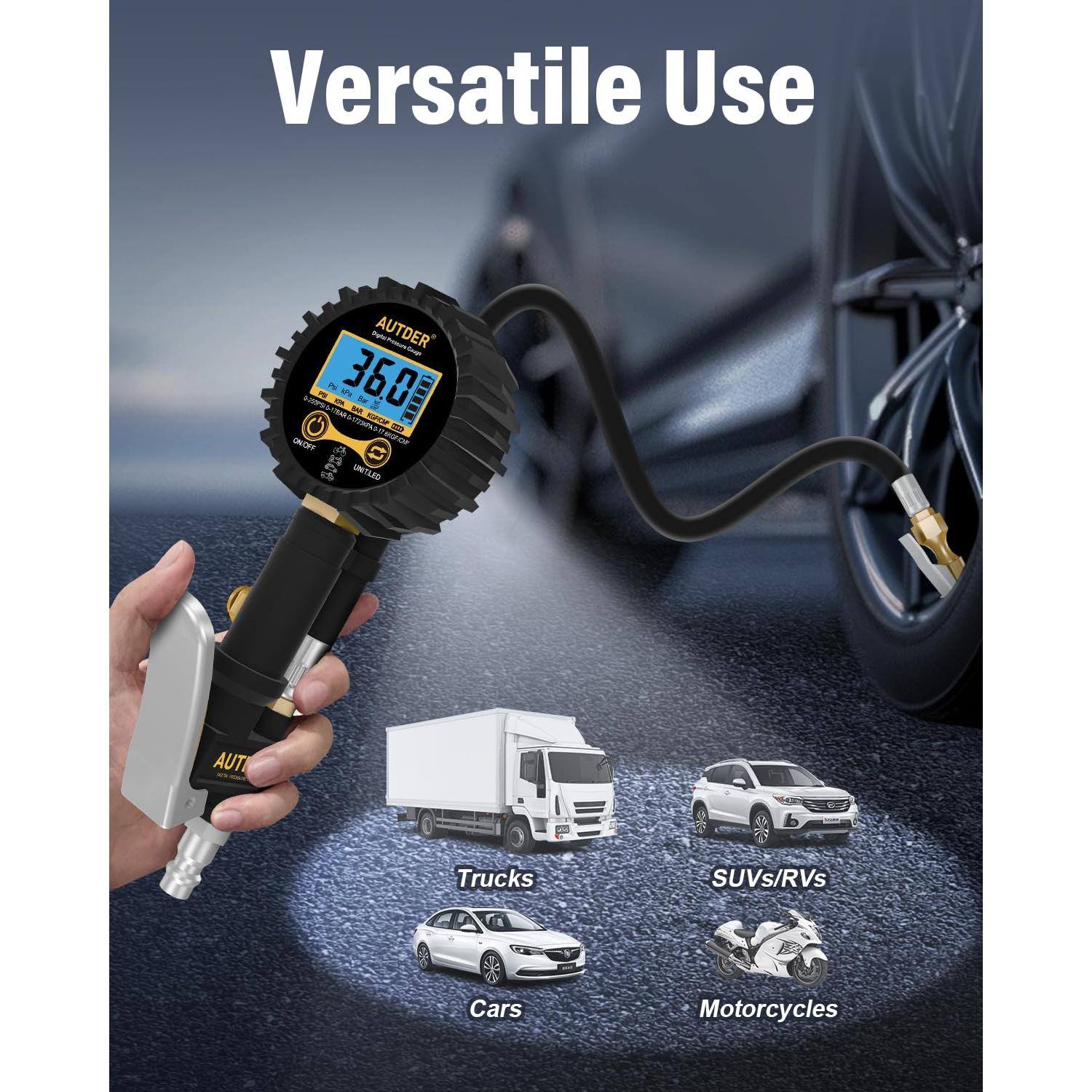 Medidor Digital de Presión de Neumáticos AUTDER 3-en-1 Amarillo