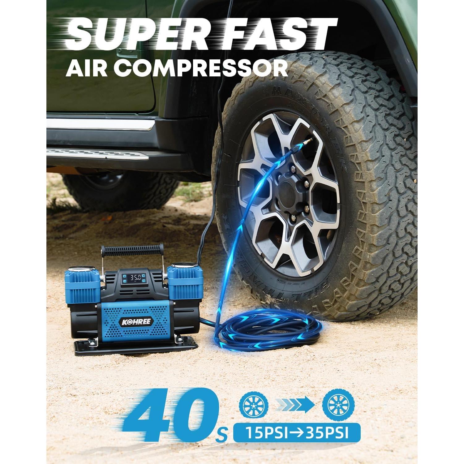 Compresor de Aire Kohree 12V Doble Cilindro 350 L/min 150 PSI