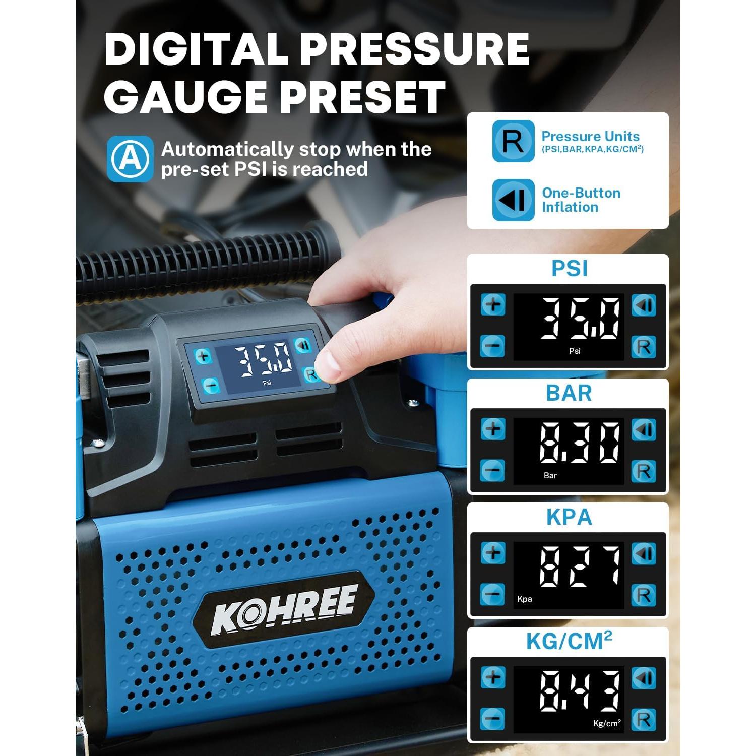 Compresor de Aire Kohree 12V Doble Cilindro 350 L/min 150 PSI