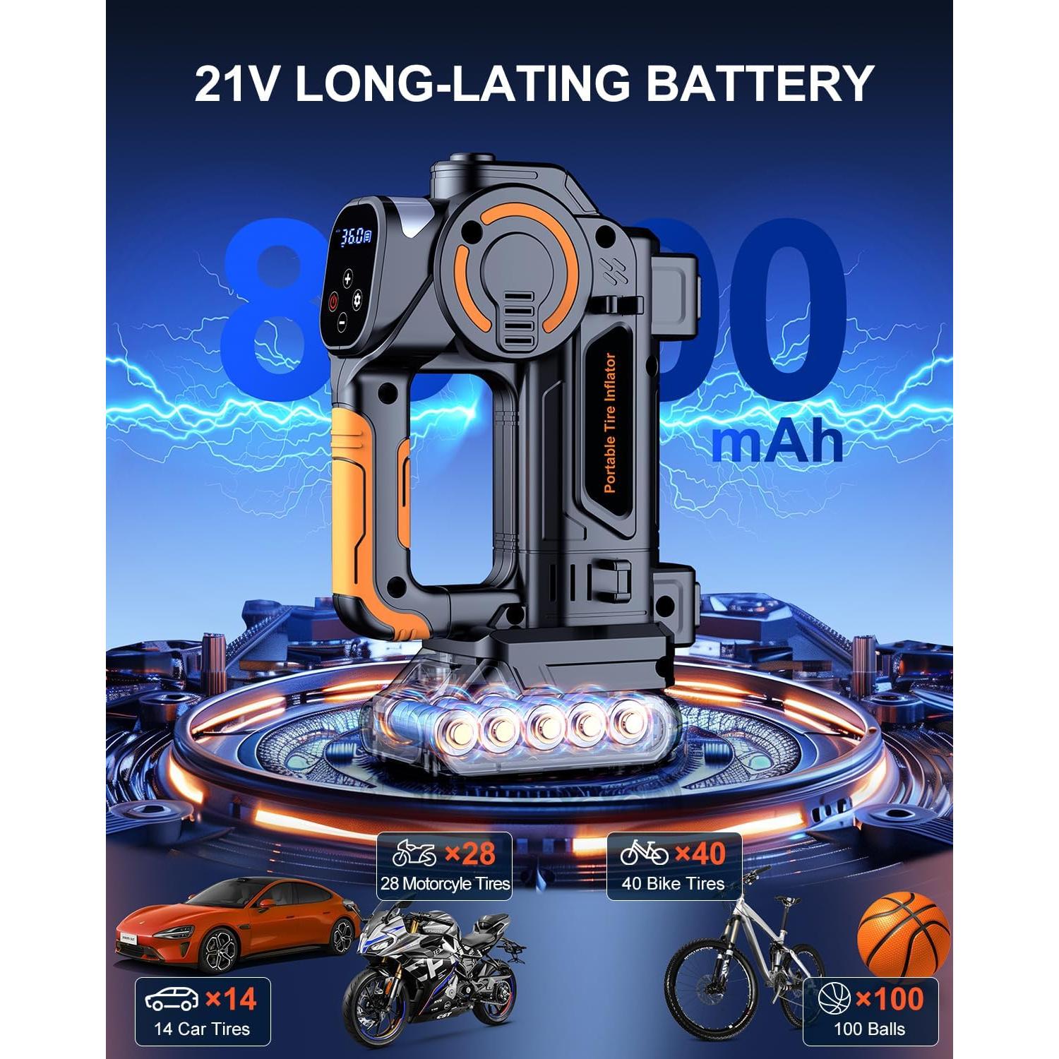 Compresor de Aire Portátil ZOPOM HS-08 160 PSI 21V con Linterna LED