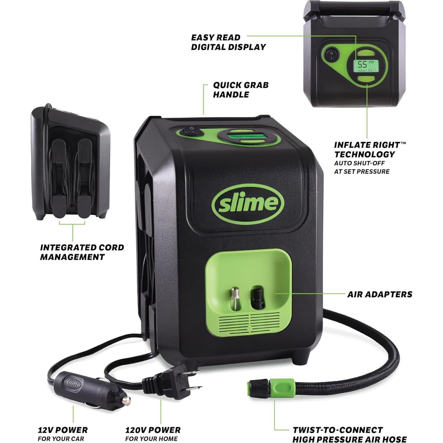 Inflador de Neumáticos Slime 40052, Portátil 12V/120V, 99 psi
