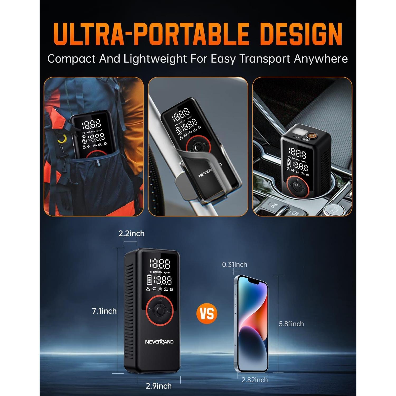 Compresor de Aire Portátil NEVERLAND 25000mAh 180PSI