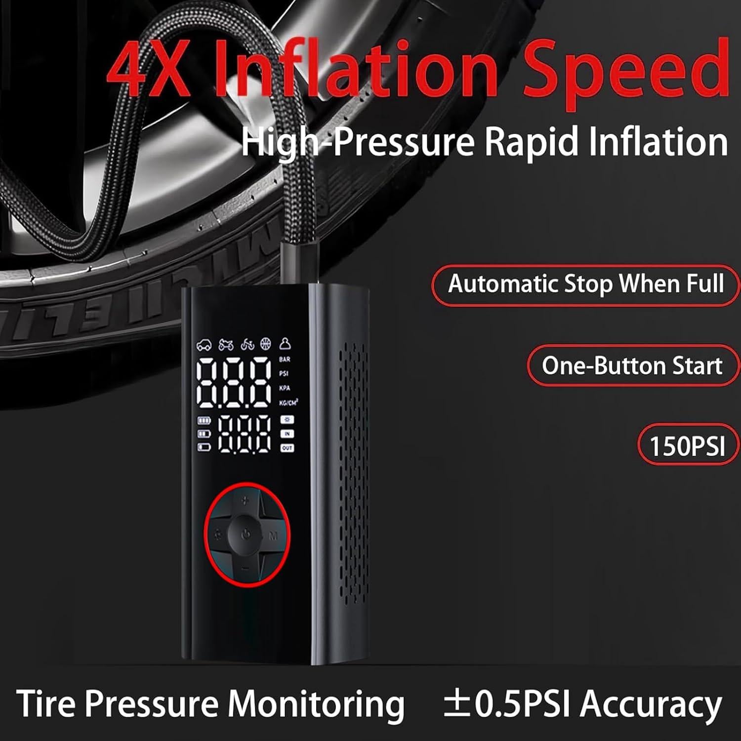 Compresor de Aire Portátil WONERBE T10 - 150 PSI, 5 Modos