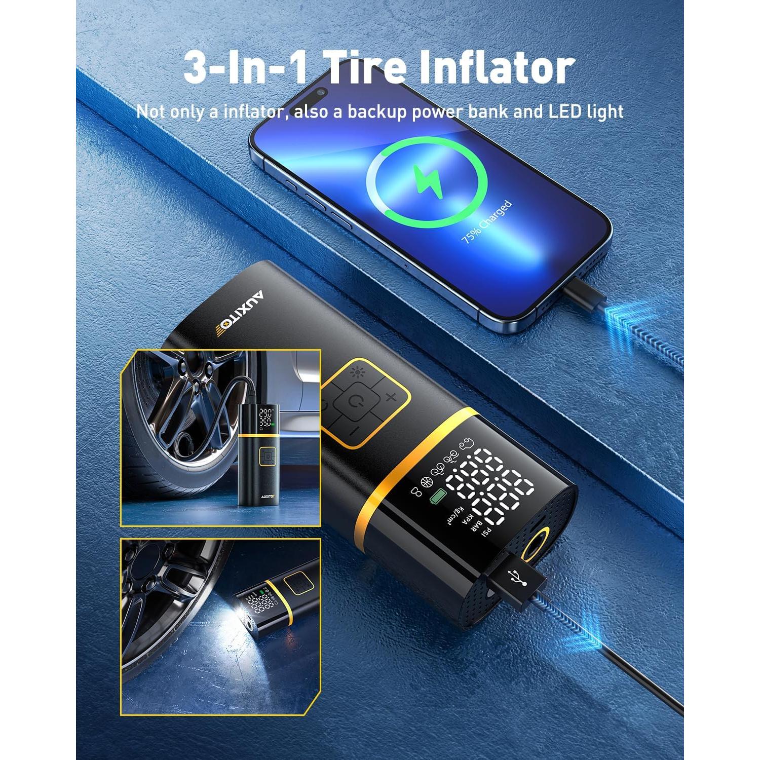 Compresor de Aire Portátil AUXITO 150 PSI - Bomba Inalámbrica con Manómetro Digital