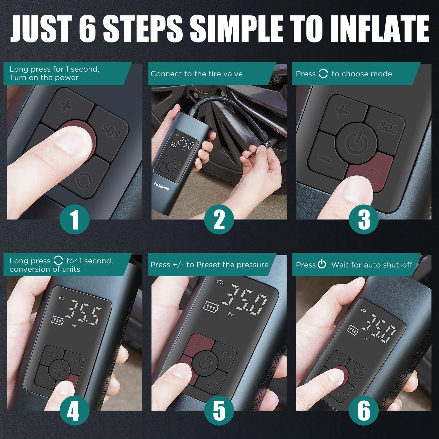 Compresor de Aire Portátil Inalámbrico FUJIWARA 6000mAh 150 PSI