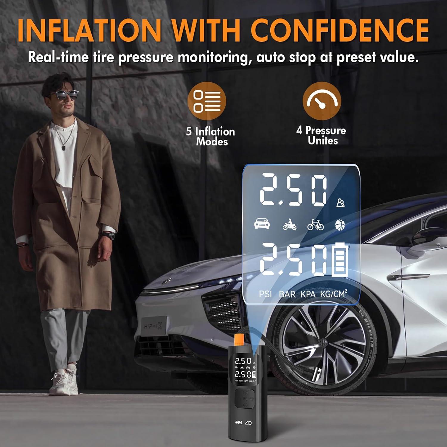 Compresor de Aire ELZO 7500mAh Portátil 150PSI con Manómetro