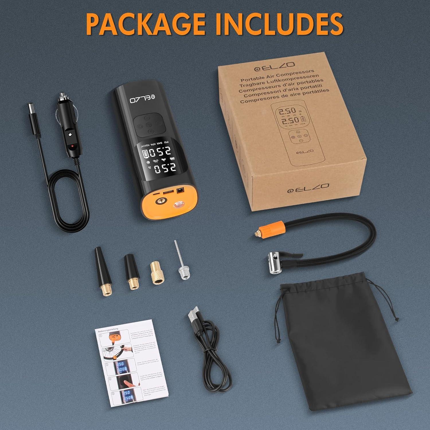 Compresor de Aire ELZO 7500mAh Portátil 150PSI con Manómetro