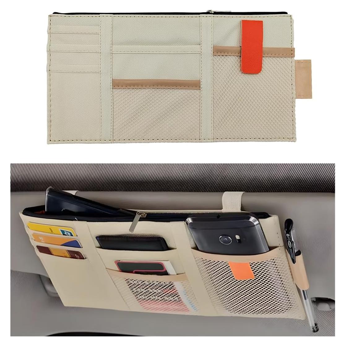 Organizador de Visera de Coche Gasedin Beige con Múltiples Bolsillos