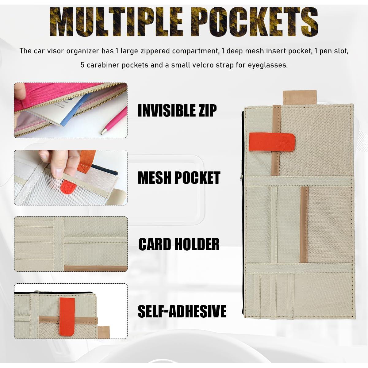 Organizador de Visera de Coche Gasedin Beige con Múltiples Bolsillos