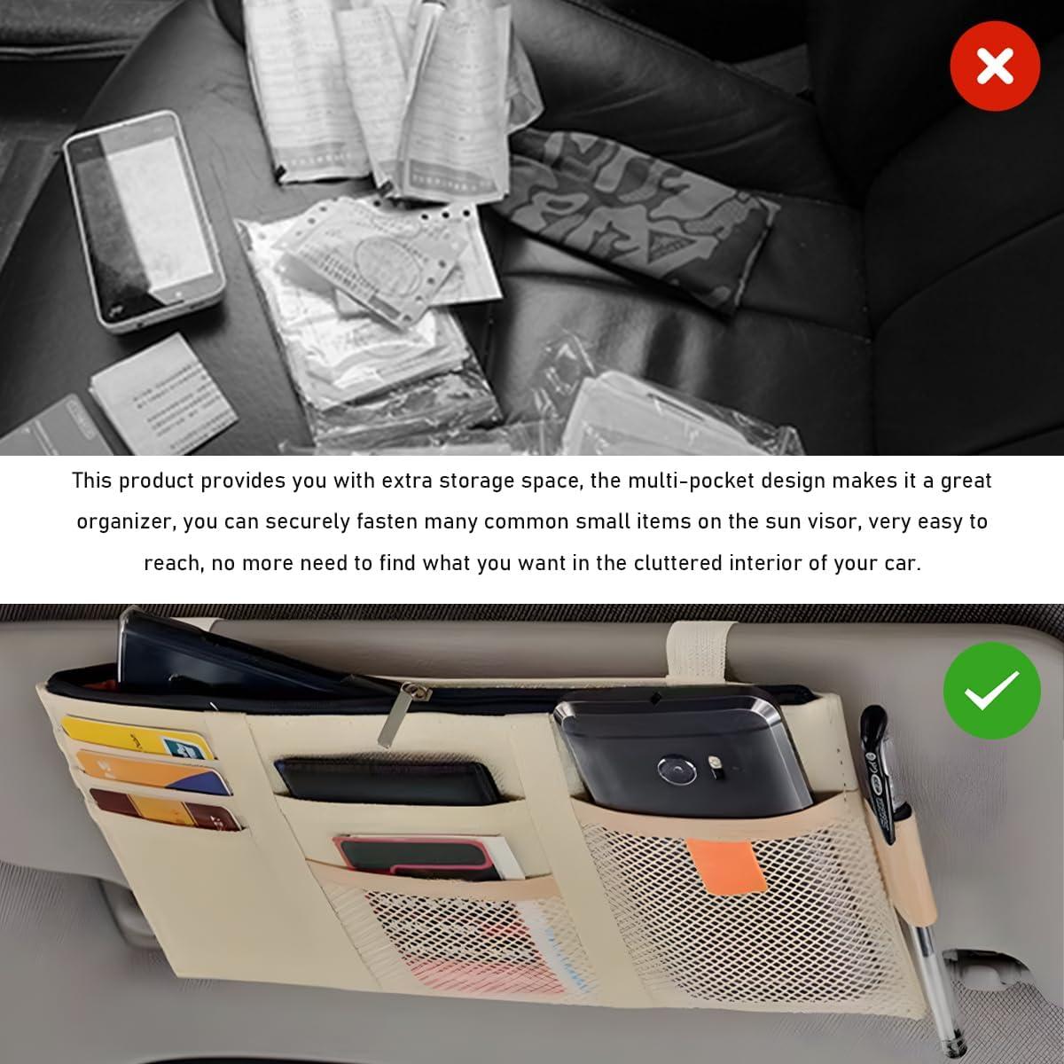 Organizador de Visera de Coche Gasedin Beige con Múltiples Bolsillos