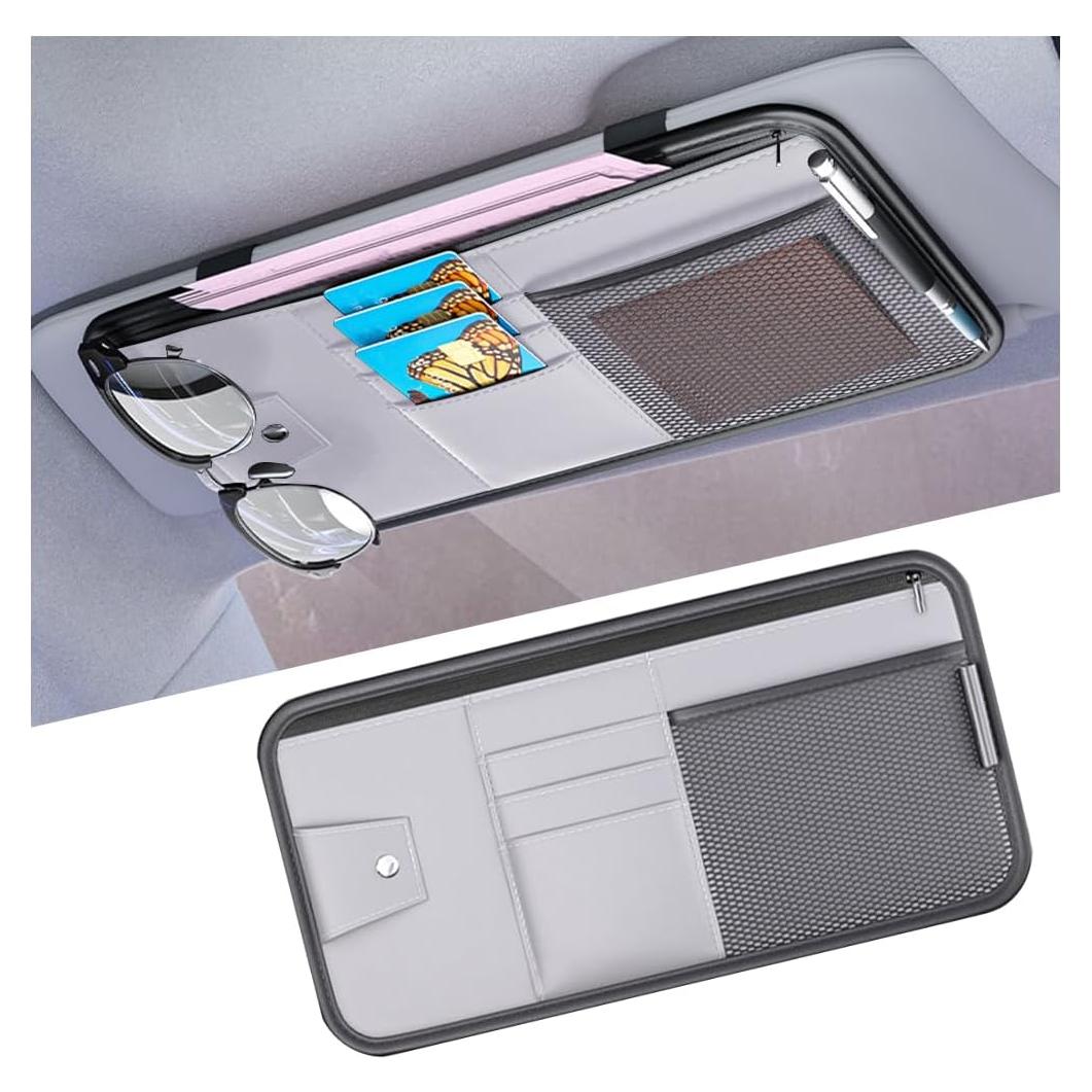 Organizador de Visera de Coche Mandark, Cuero PU Gris, Multi-Bolsillos