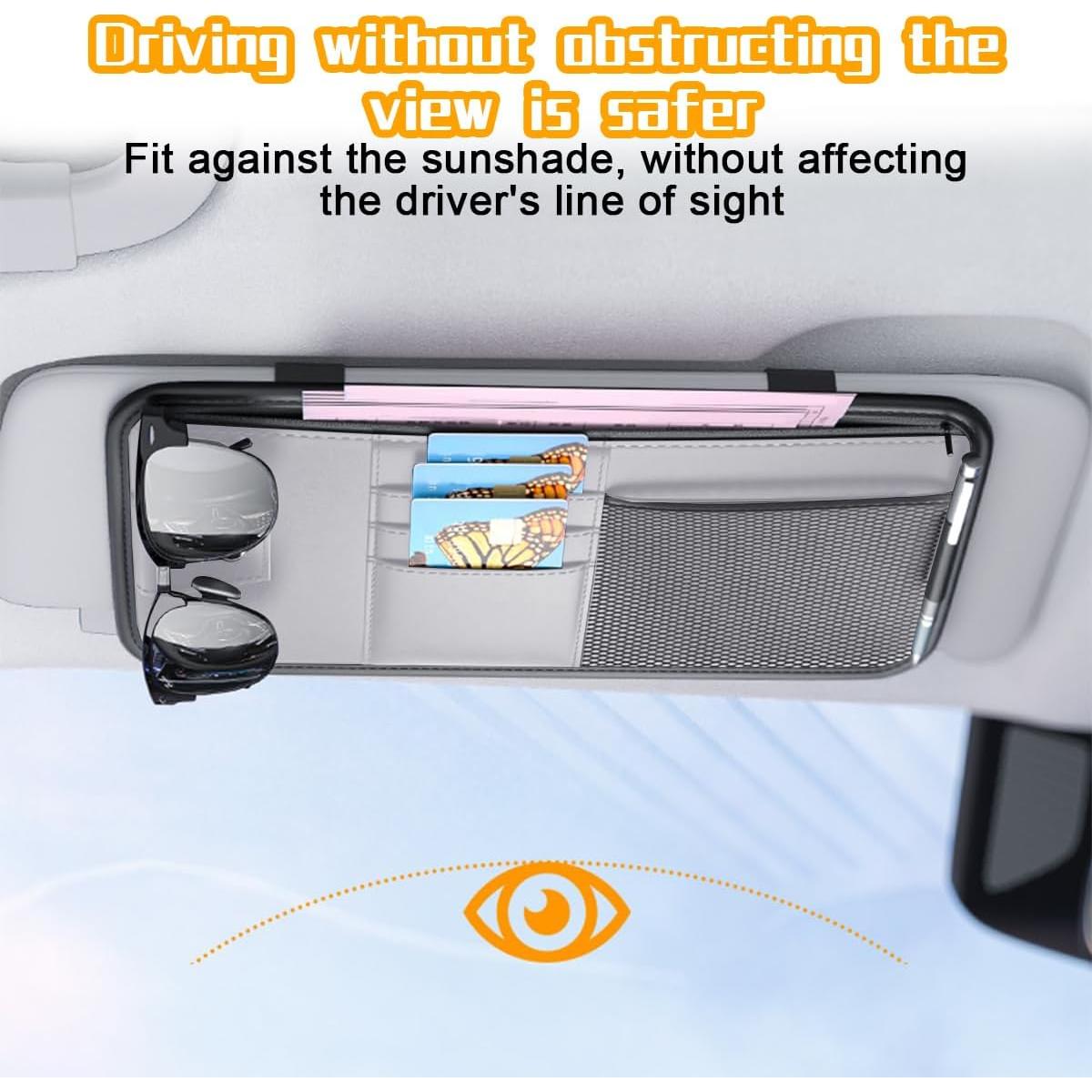 Organizador de Visera de Coche Mandark, Cuero PU Gris, Multi-Bolsillos