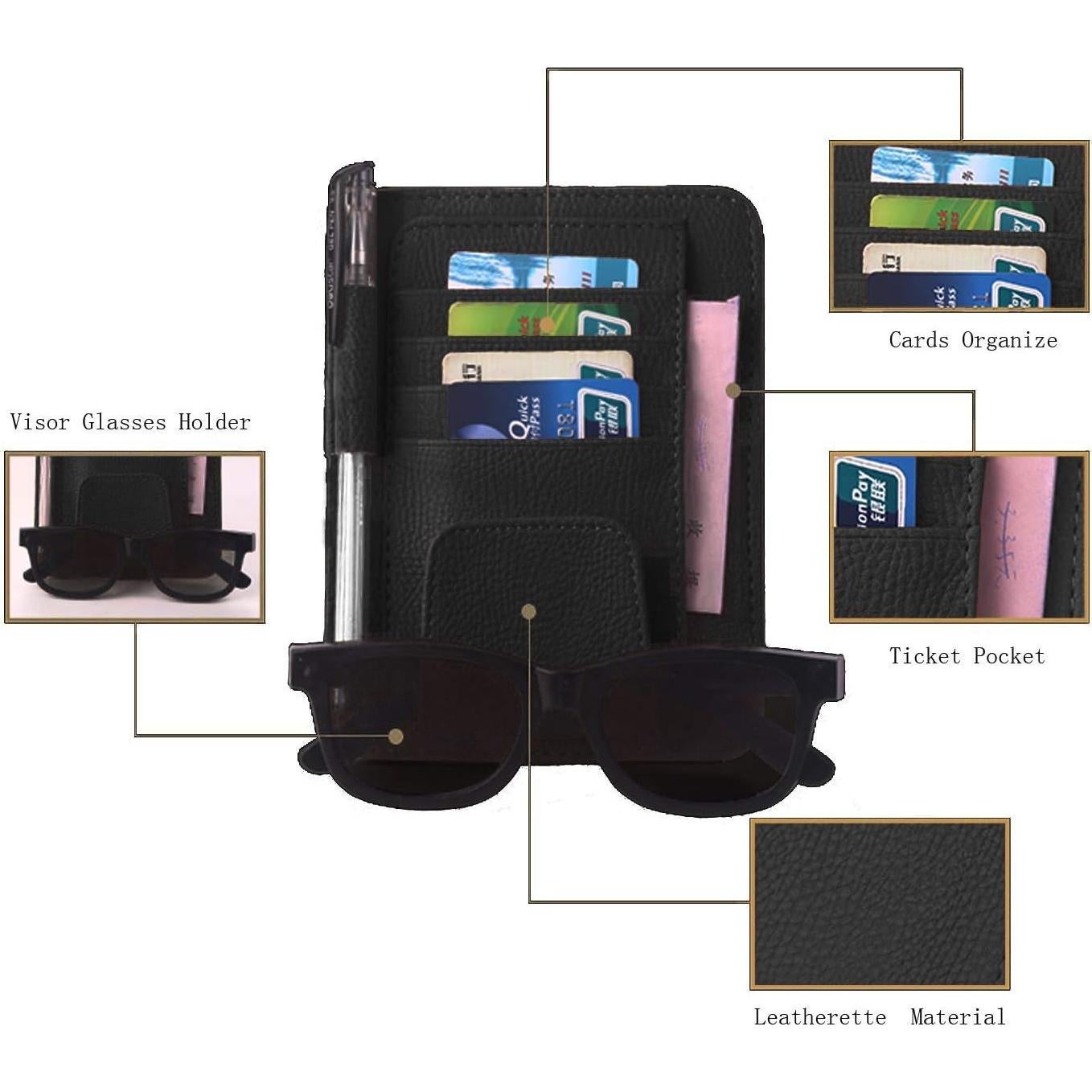 Organizador de Visera de Coche DE RAN FU Negro - Soporte para Gafas y Tarjetas