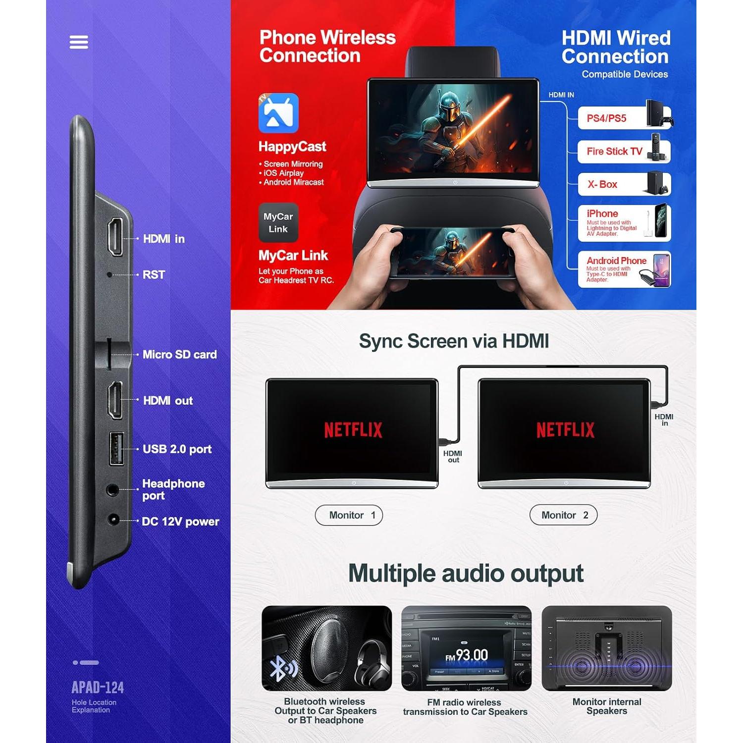 Monitor de Cabeza de Auto Seventour 12.4" Android 4K Touch