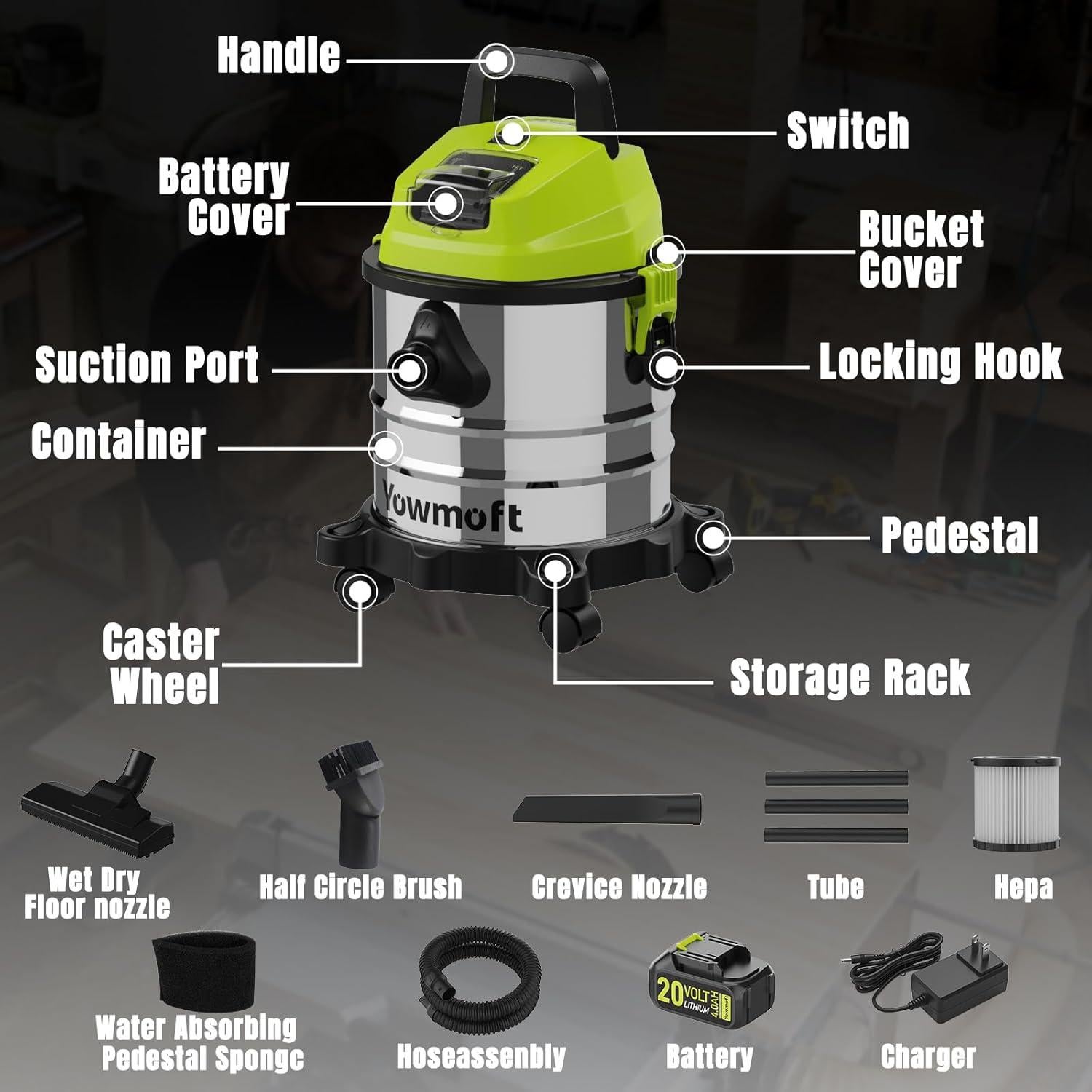 Aspiradora de Taller Inalámbrica Yowmoft 4 Galones 16 Kpa