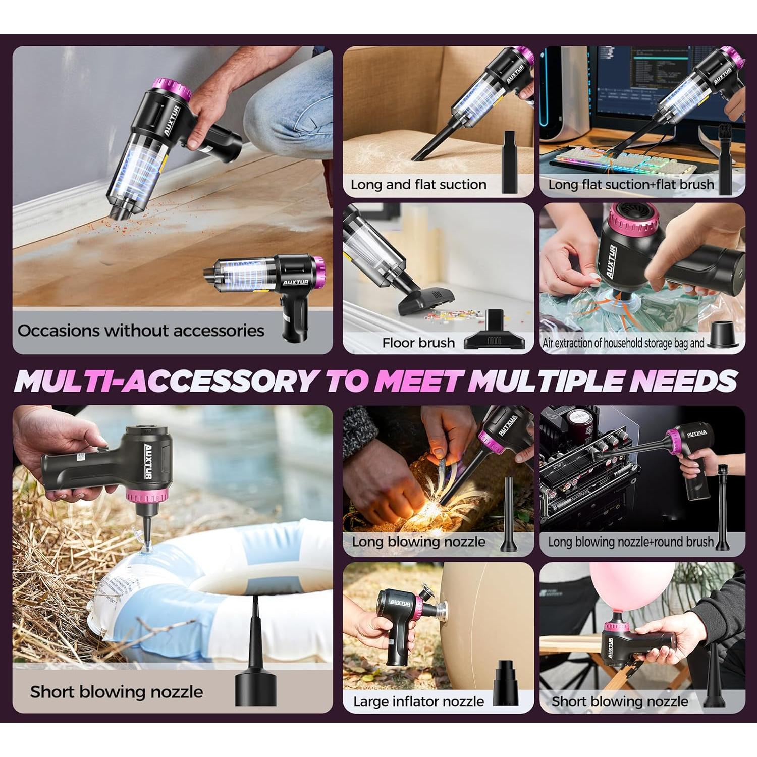 Aspiradora de Mano Inalámbrica AUXTUR 3 en 1 12000PA Negra