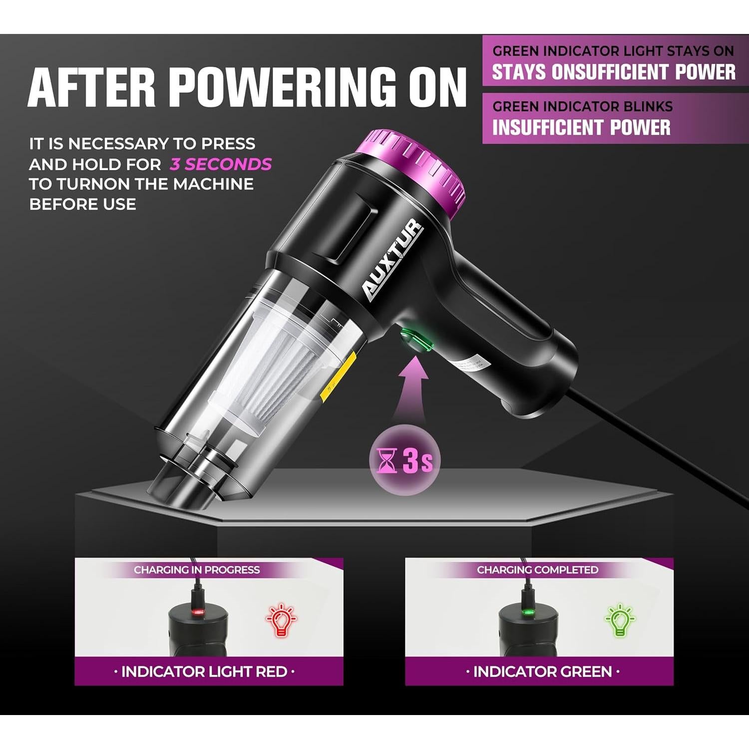 Aspiradora de Mano Inalámbrica AUXTUR 3 en 1 12000PA Negra