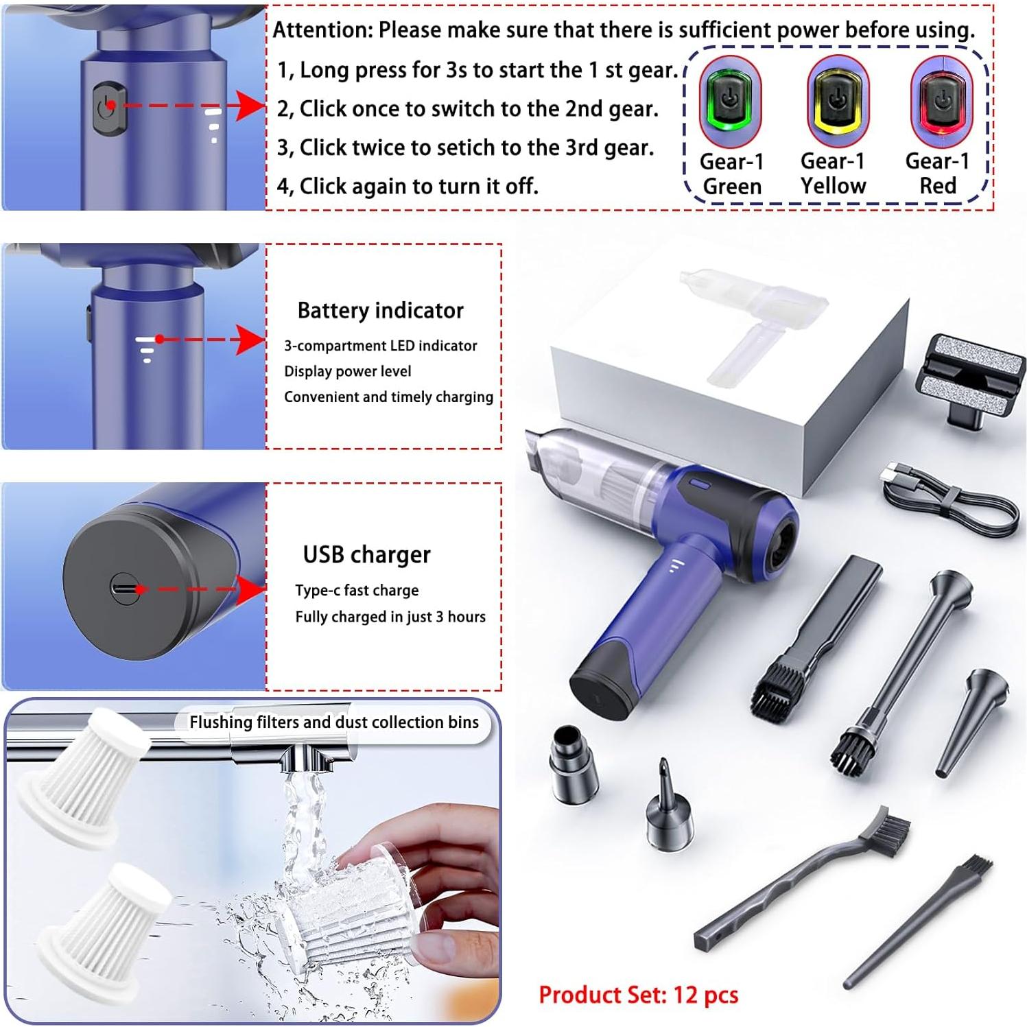 Aspiradora de Coche Portátil Wagkew 20000PA 120W Sin Cable