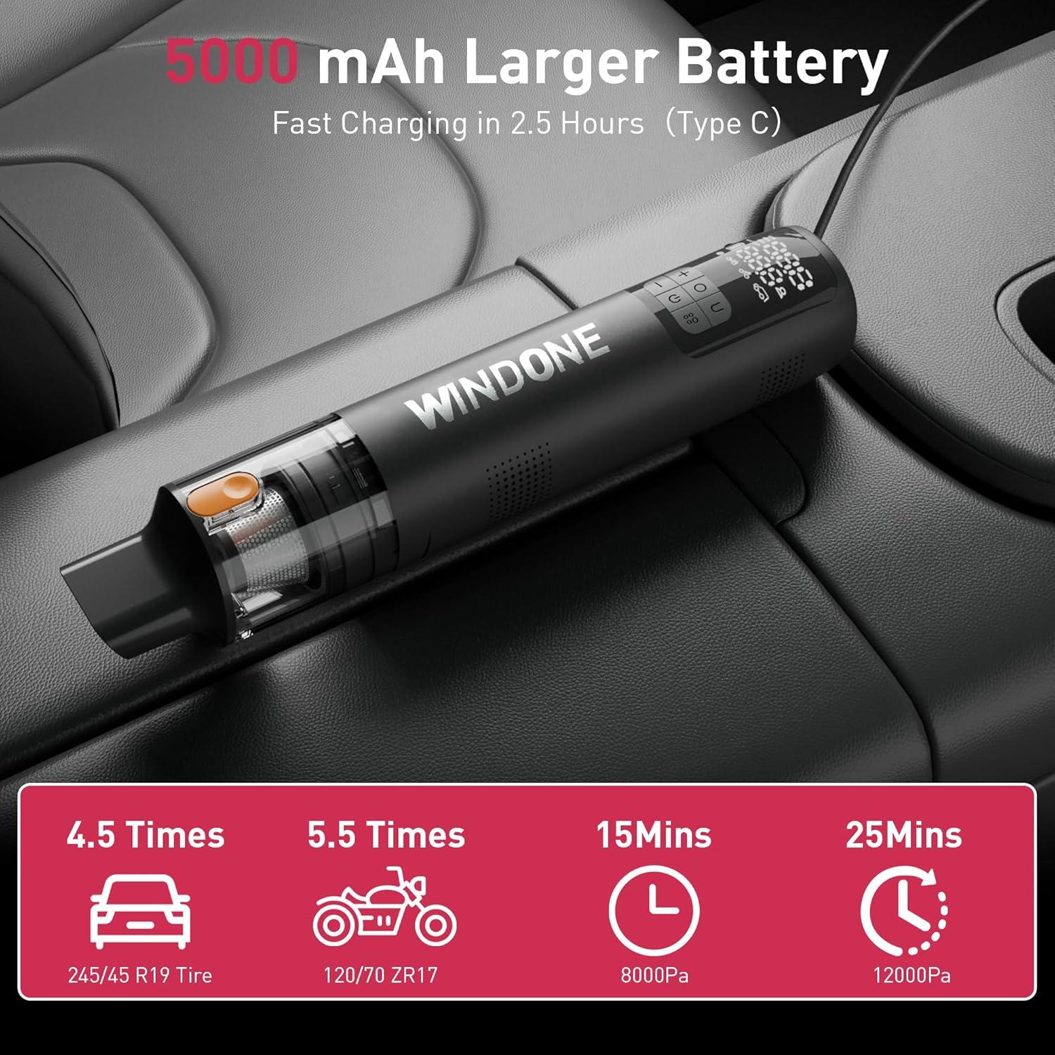 Aspiradora de Coche Windone W1 12000Pa Inalámbrica y Compresor 150PSI